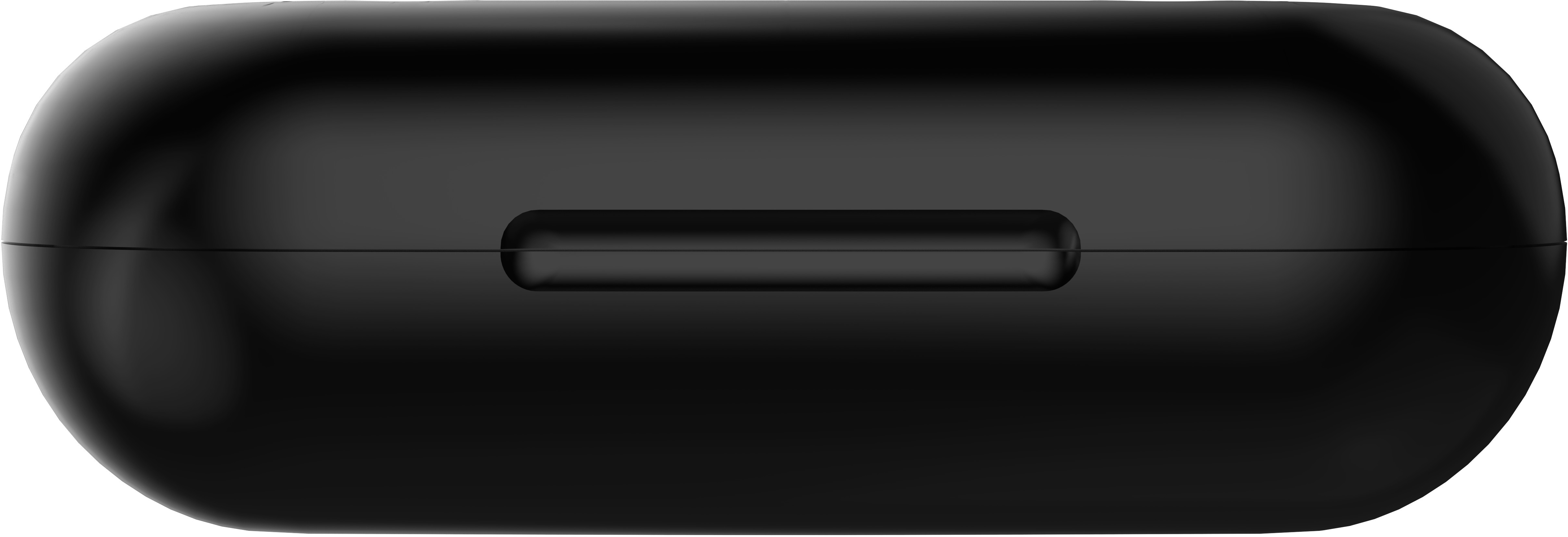 Czarne, owalne etui na słuchawki. Ma gładką, błyszczącą powierzchnię i mały, wpuszczony przycisk.