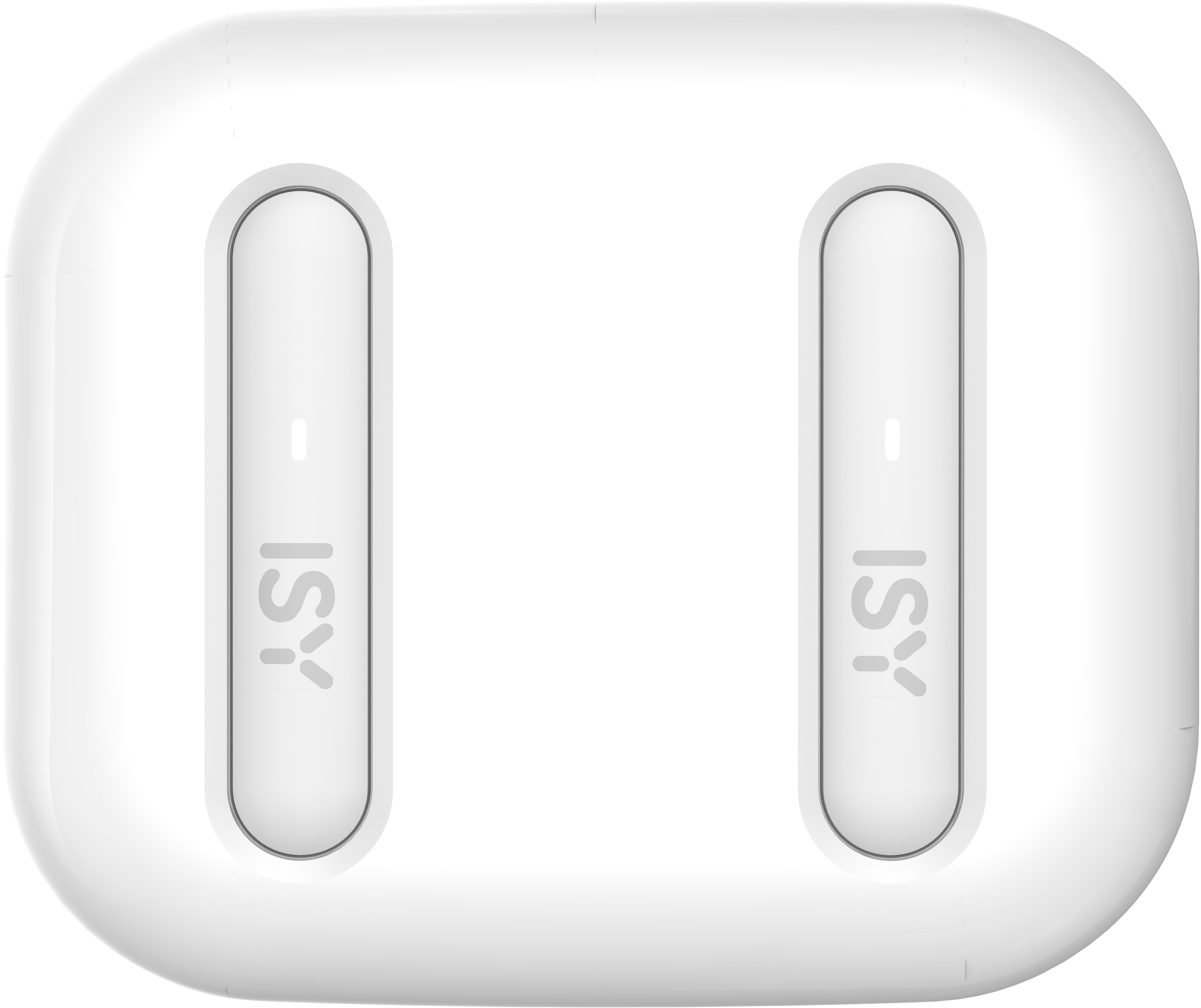 Białe urządzenie ładujące z dwoma pionowymi szczelinami. Każda szczelina ma logo 'ISY'. Urządzenie ma zaokrąglone krawędzie.