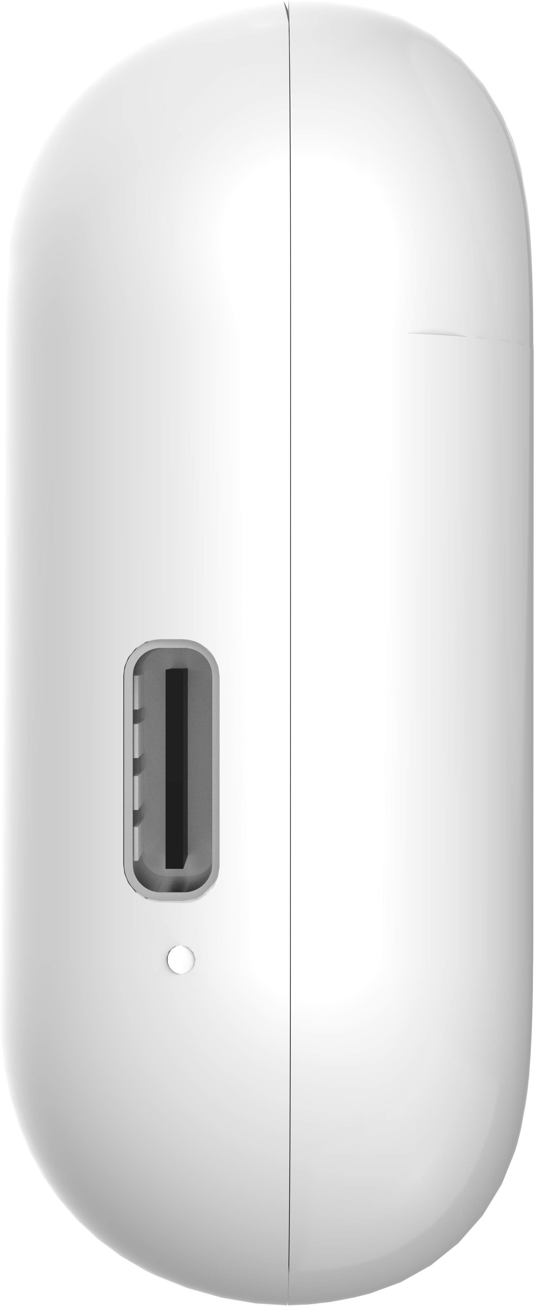 Białe, zaokrąglone urządzenie z portem ładowania. Cienka linia dzieli urządzenie na dwie połowy. Widoczny mały otwór.