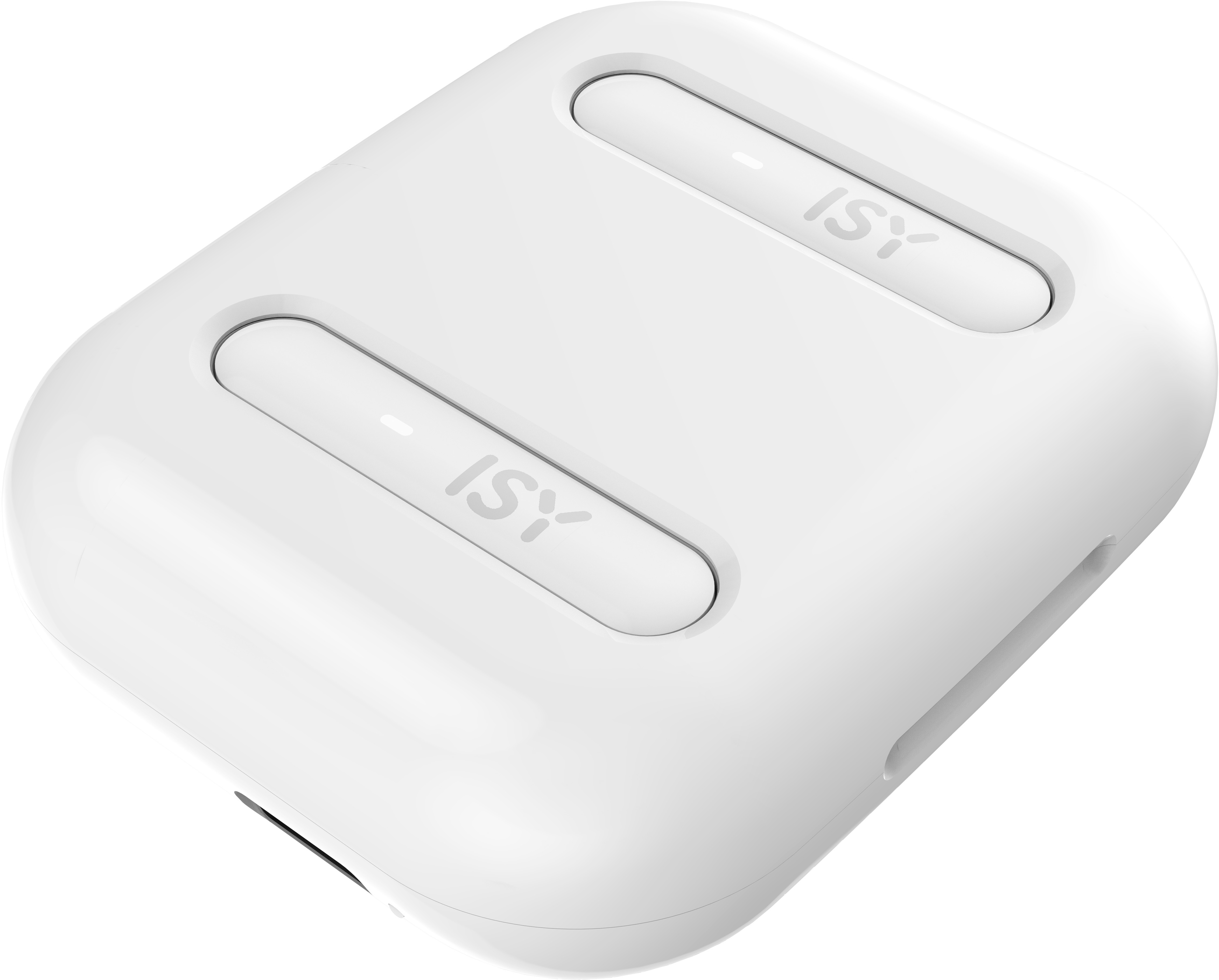 Biała, zaokrąglona obudowa z dwoma wpuszczonymi przyciskami, każdy z logo 'ISY'. Obudowa ma elegancki, nowoczesny design.