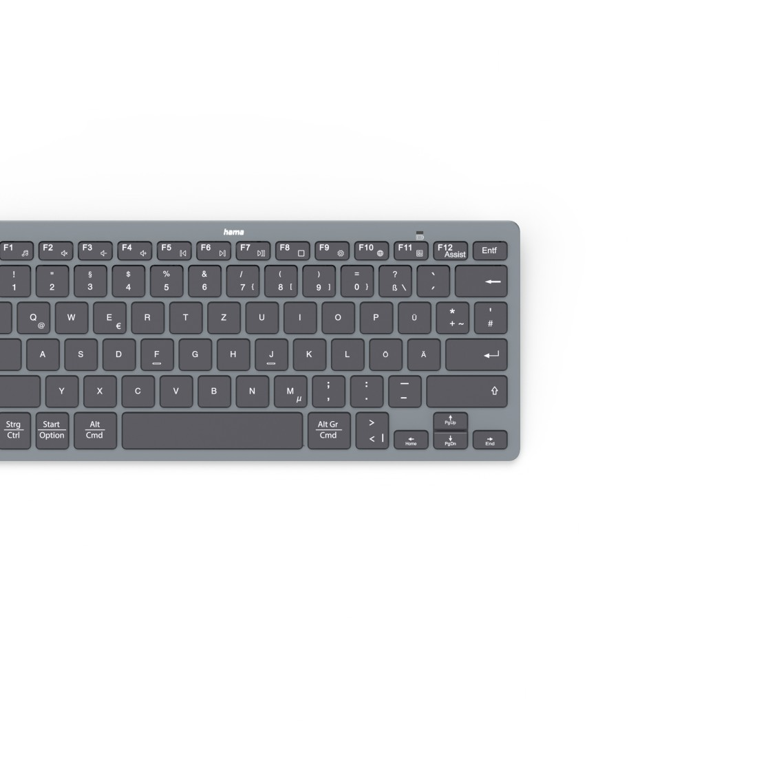 Graue Tastatur mit weißen Tastenbeschriftungen. Die Tastatur liegt auf weißer Oberfläche. Die Marke ist hama.