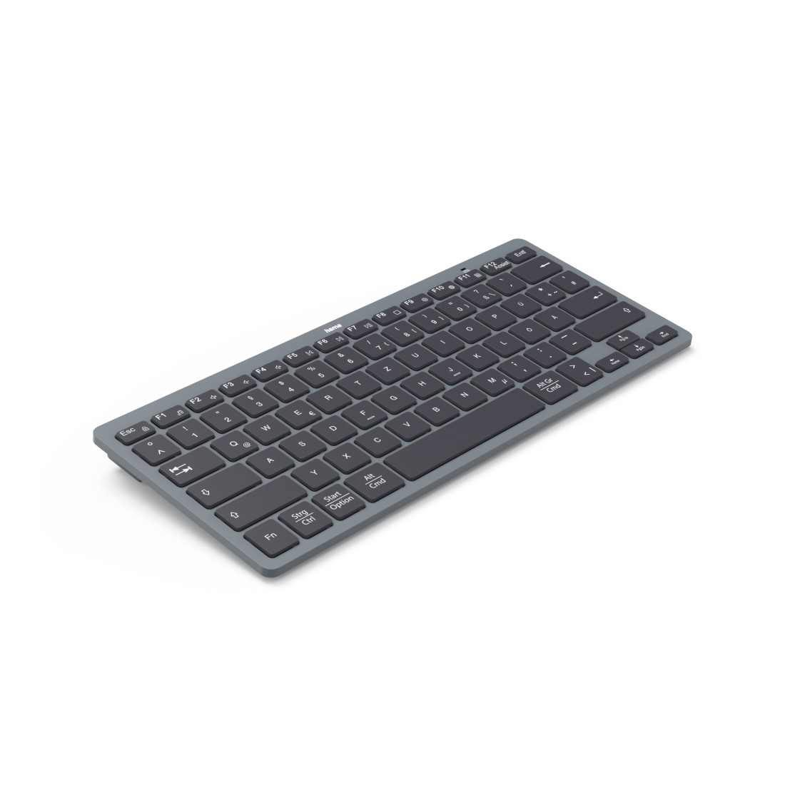 Eine kabellose Tastatur mit grauen Tasten und einem dunkelgrauen Rahmen auf weißem Hintergrund. Sie hat Funktions- und alphanumerische Tasten.