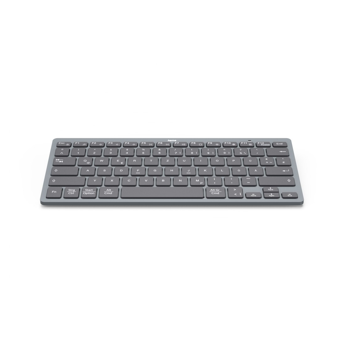 Eine graue kabellose Tastatur auf weißem Untergrund. Tasten sind mit Buchstaben, Zahlen und Symbolen beschriftet.
