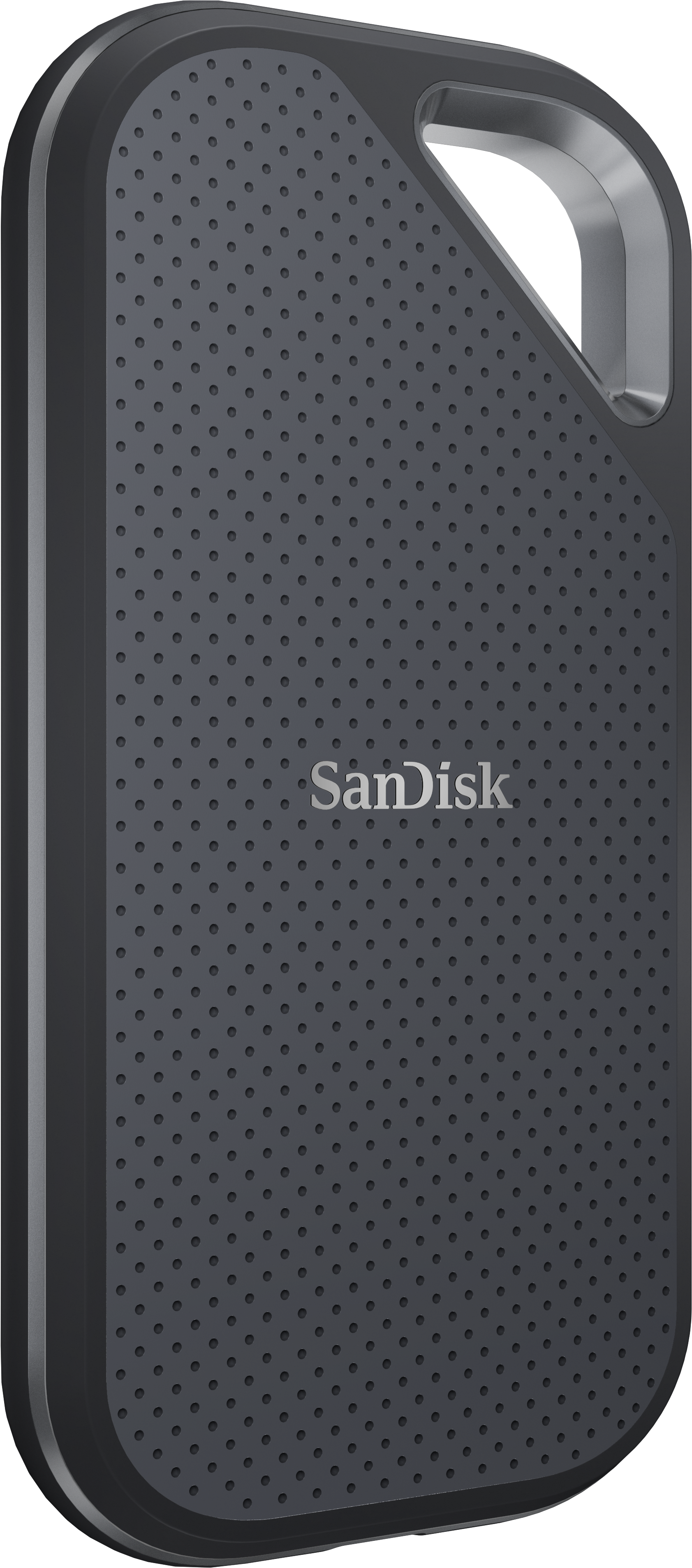 Une clé USB SanDisk gris foncé. Elle a une texture perforée et une poignée argentée en haut. Le logo SanDisk est visible.