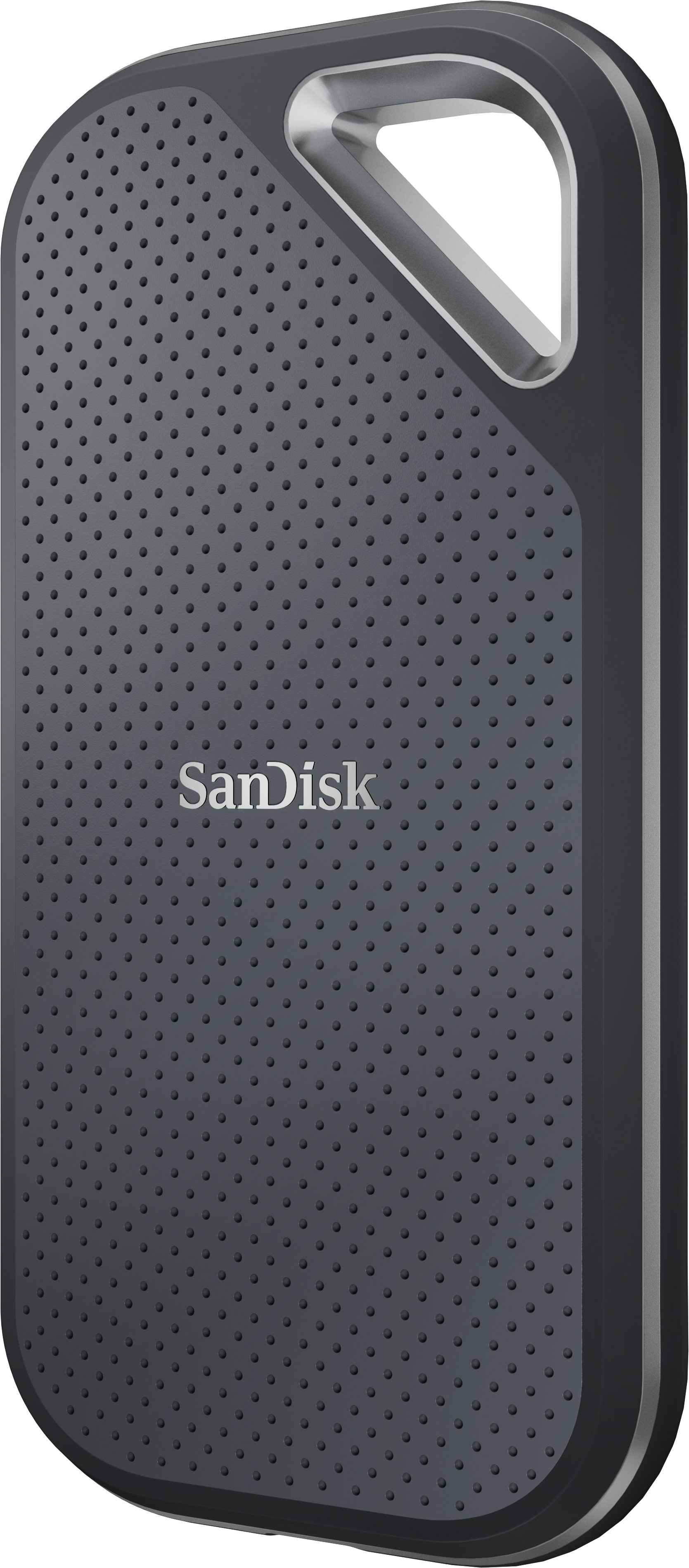 Disque dur externe SanDisk gris foncé, perforé, avec une boucle argentée. Fond noir.