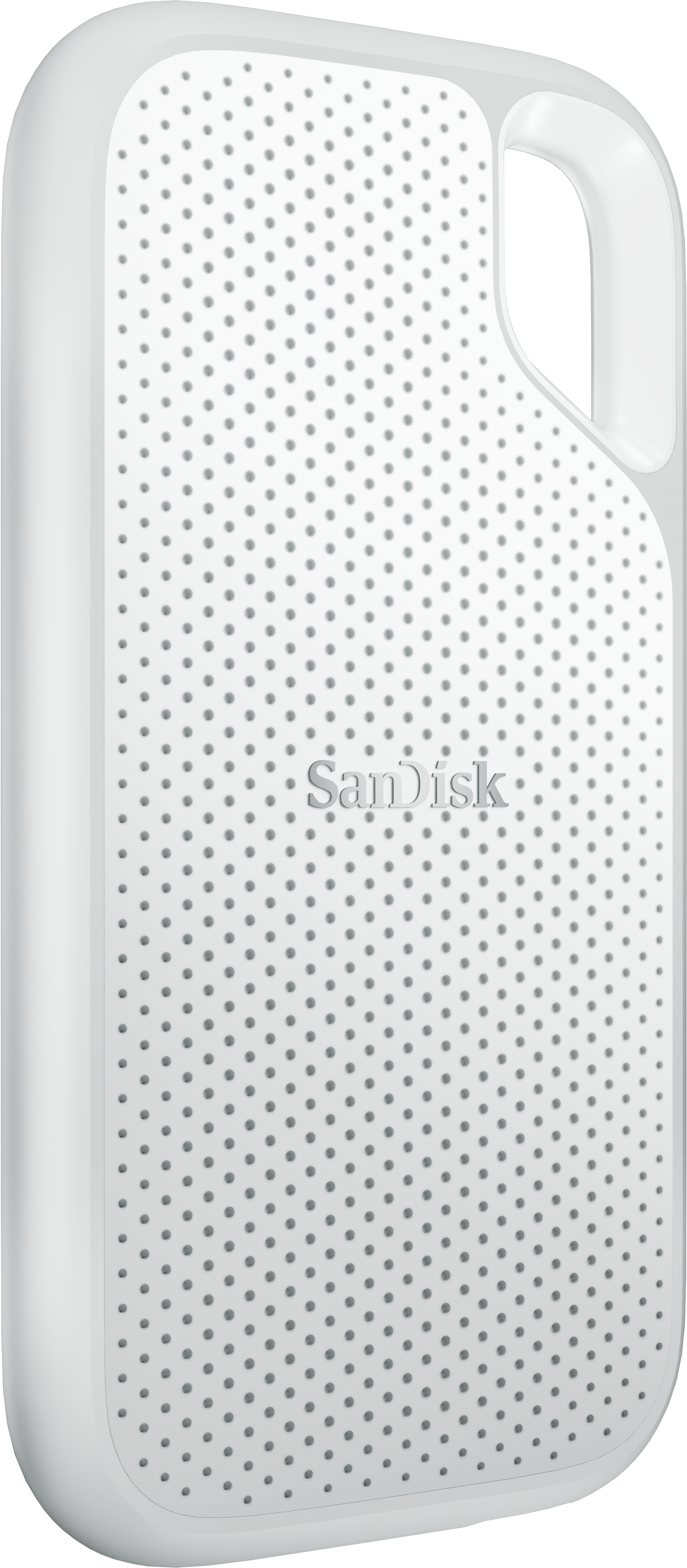 Un altoparlante Sandisk bianco, con una superficie perforata. Ha una maniglia e il logo Sandisk è visibile.