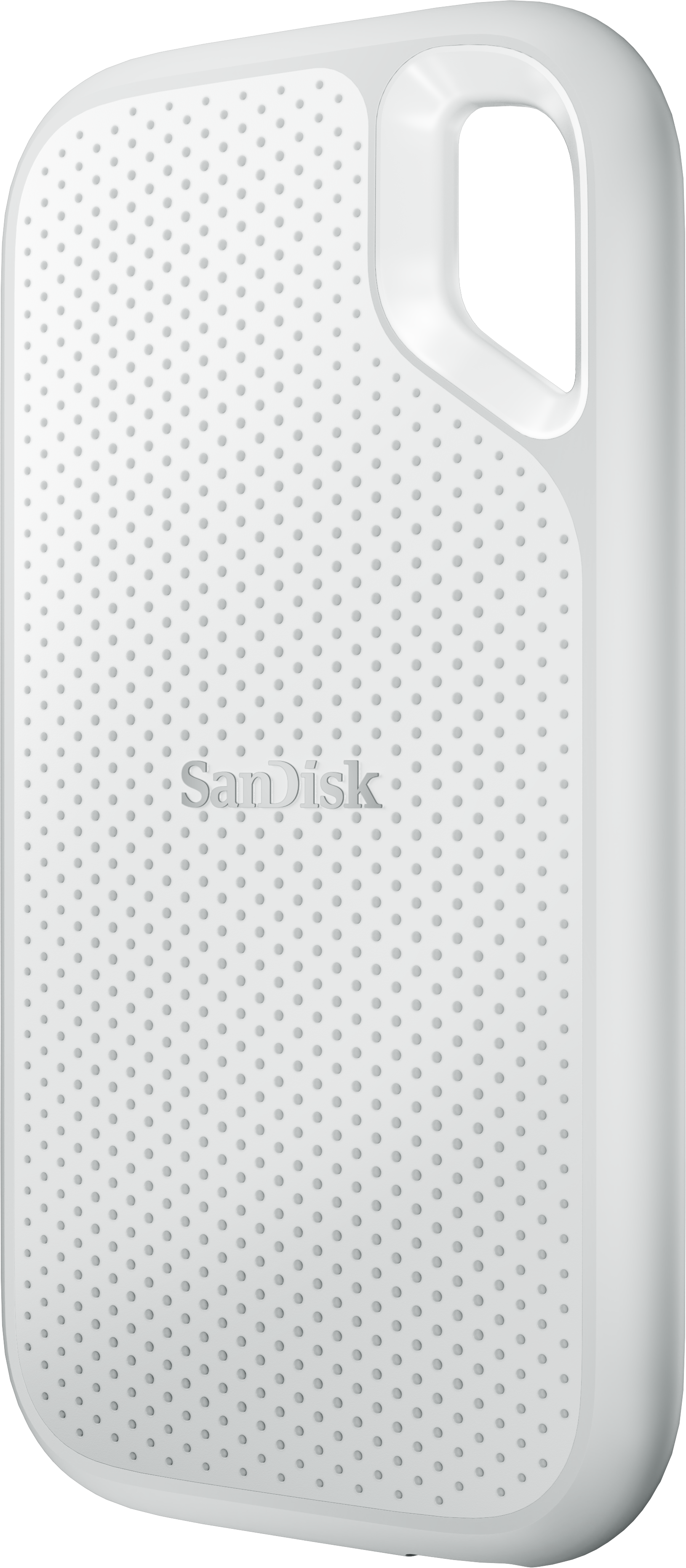 Un disco rigido portatile Sandisk bianco. Il dispositivo è bianco con una maniglia. La superficie è perforata con piccoli fori.