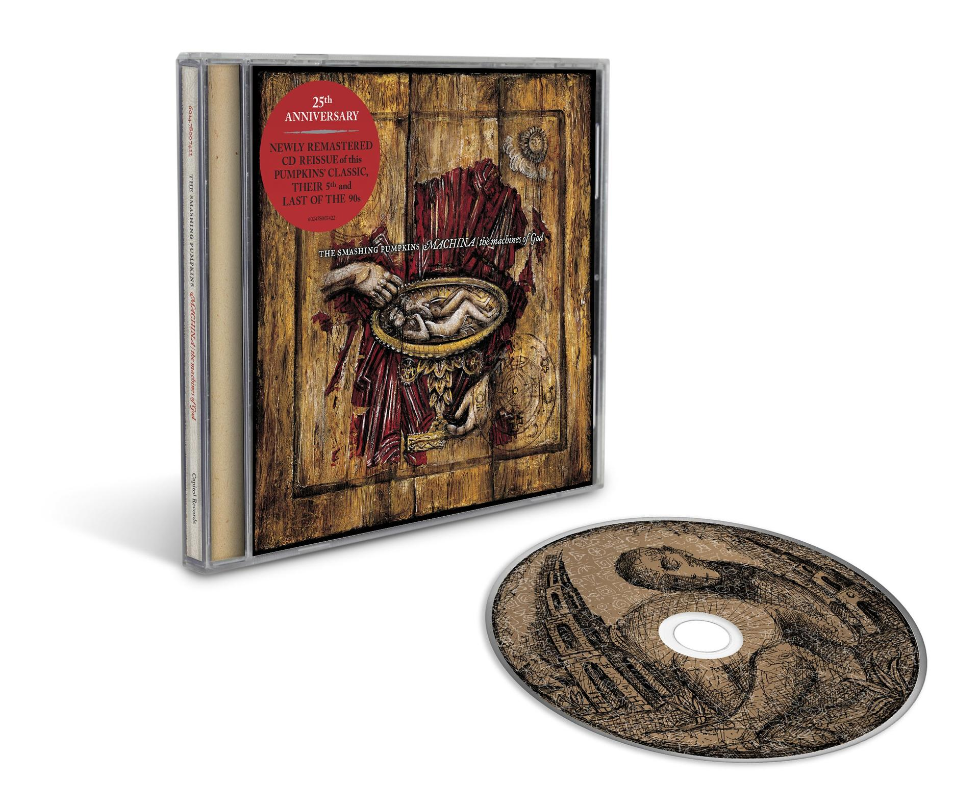 Albumcover von The Smashing Pumpkins' Machina. CD-Hülle mit Kunstwerk, Baby in goldener Schale. Eine CD ist darunter.