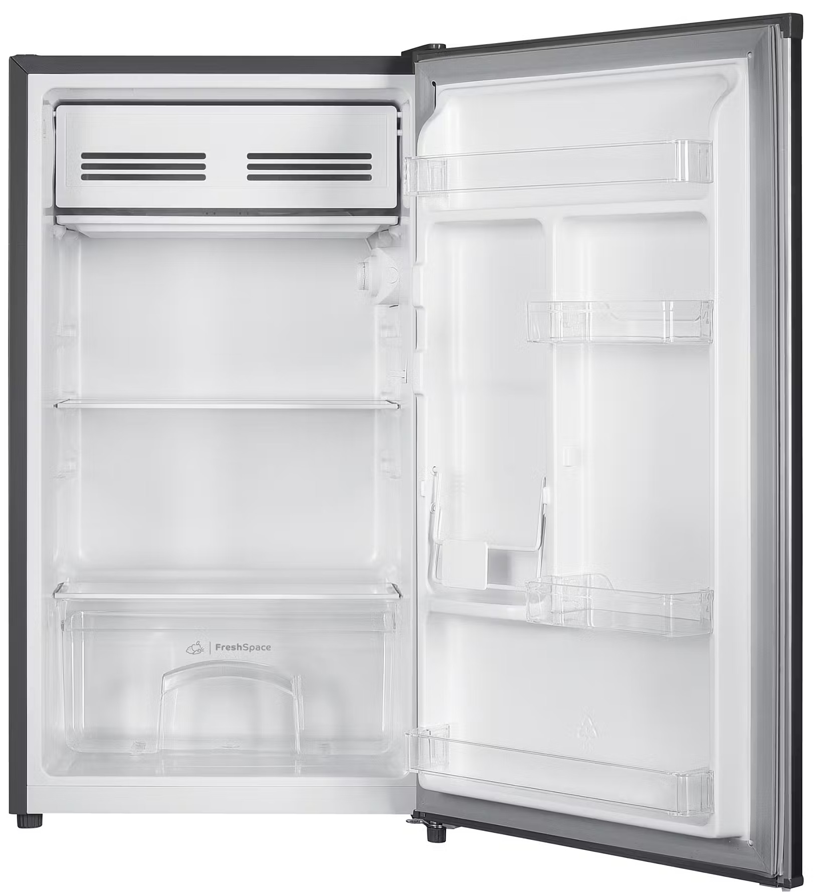 Otwarta, pusta mini-lodówka z półkami i komorą zamrażarki. Drzwi są otwarte. Dominują kolory szary i biały.