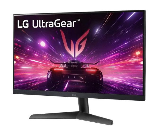 LG UltraGear monitör. Ekran, mor ve pembe neon ortamında bir yarış arabası sergiliyor.