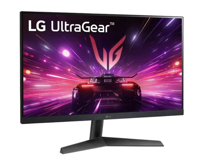 LG UltraGear monitör. Mor ve pembe ışık izlerinden geçen bir yarış arabası gösteriyor. Monitör siyah bir stand üzerinde duruyor.