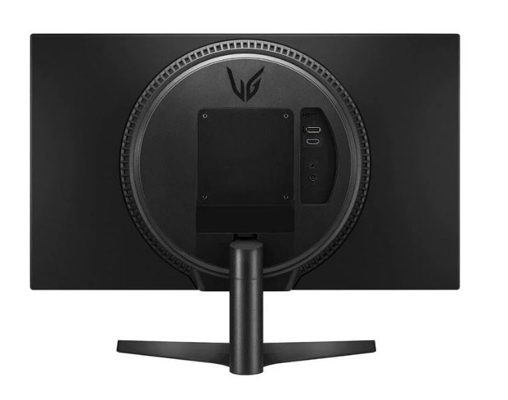 Siyah LG monitörün arka görünümü. Portlar ve ayakla dairesel bir tasarıma sahip. LG logosu görünür.