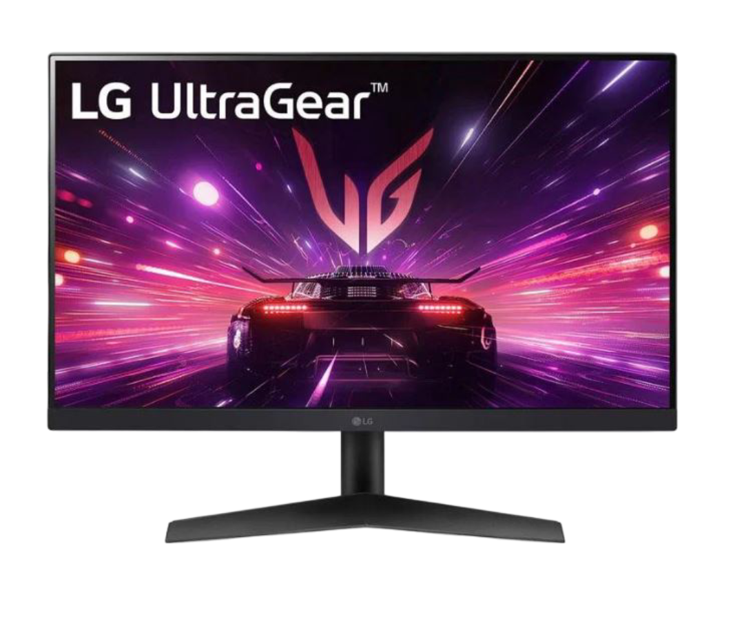 LG UltraGear monitör, siyah bir stand ile mor ve pembe soyut bir arka planda yarışan bir araba gösteriyor.