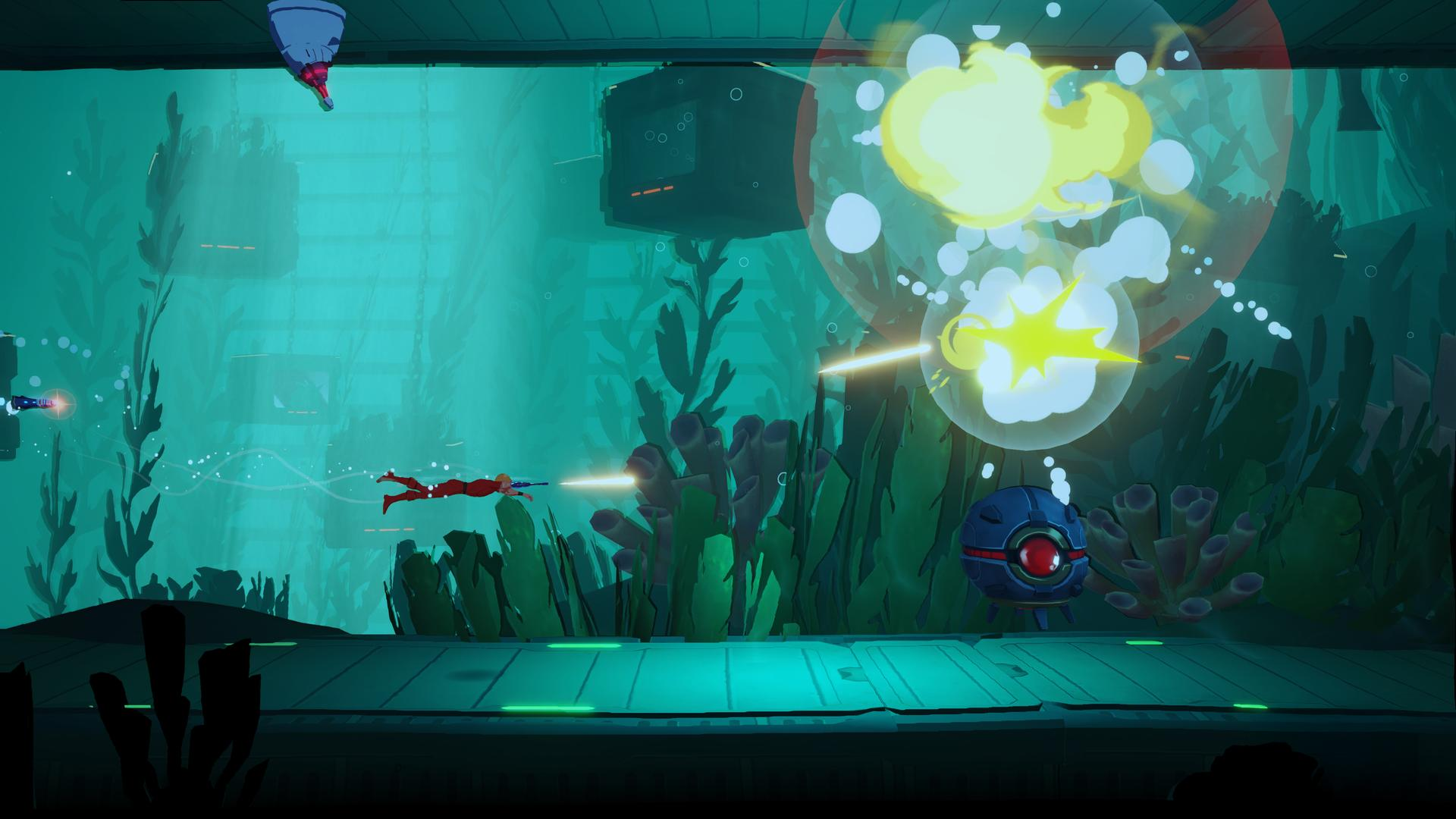 Unterwasserszene mit einer Figur, die auf einen Roboter schießt. Explosion und stilisierte Meerespflanzen im tealfarbenen Hintergrund.