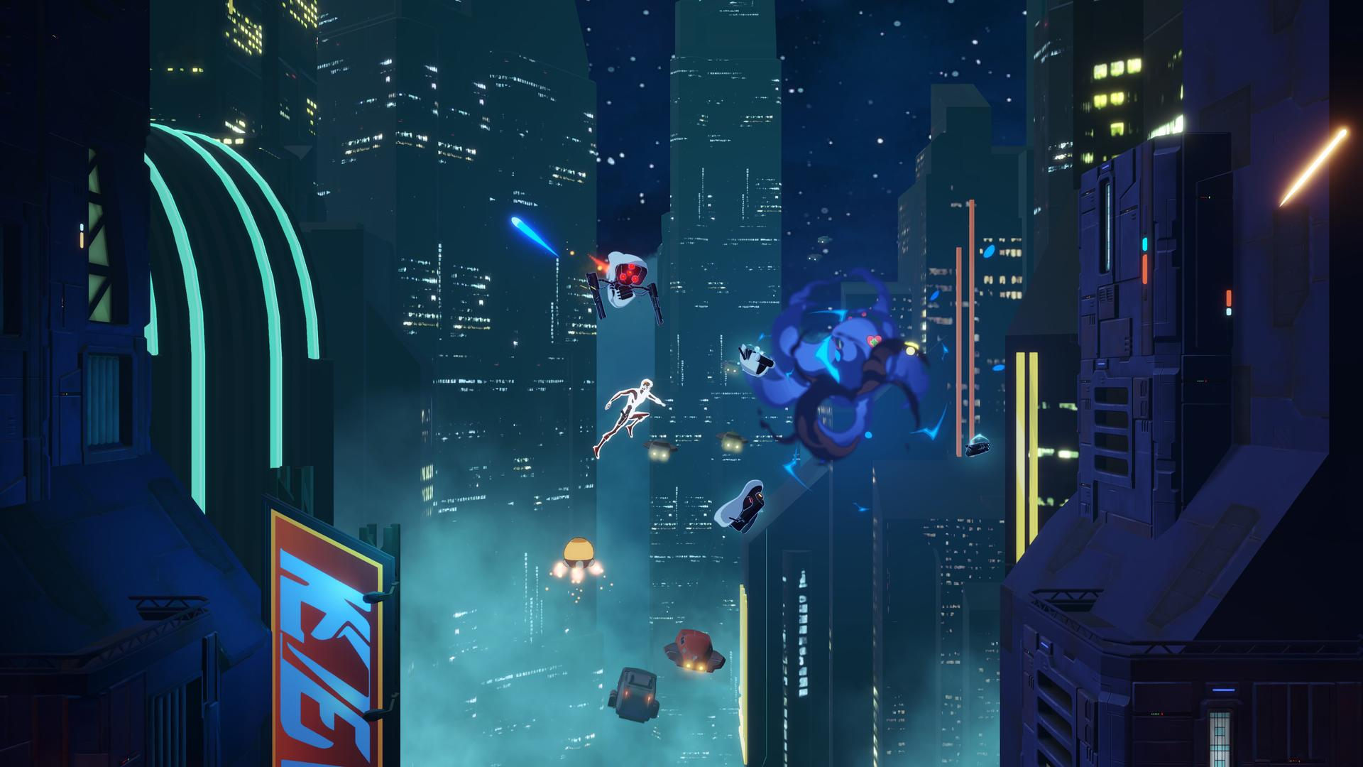 Futuristische Stadtlandschaft mit fliegenden Fahrzeugen und Figuren. Neonlichter beleuchten Gebäude. Eine Figur in Weiß fliegt. Blaue Energieblitze.
