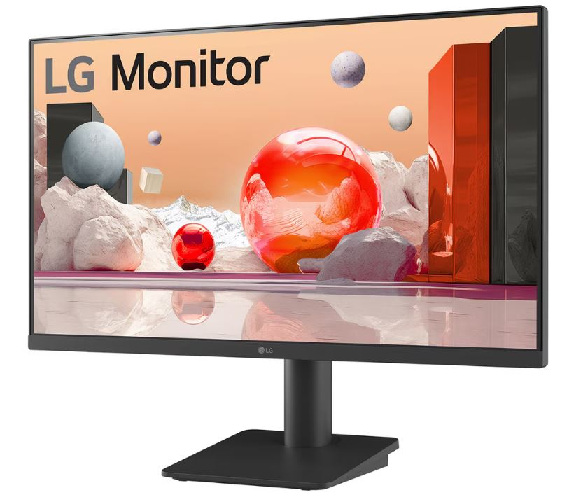 LG monitör, küreler ve geometrik şekillerle renkli bir soyut sahne sergiliyor. Siyah bir standı ve çerçevesi var.