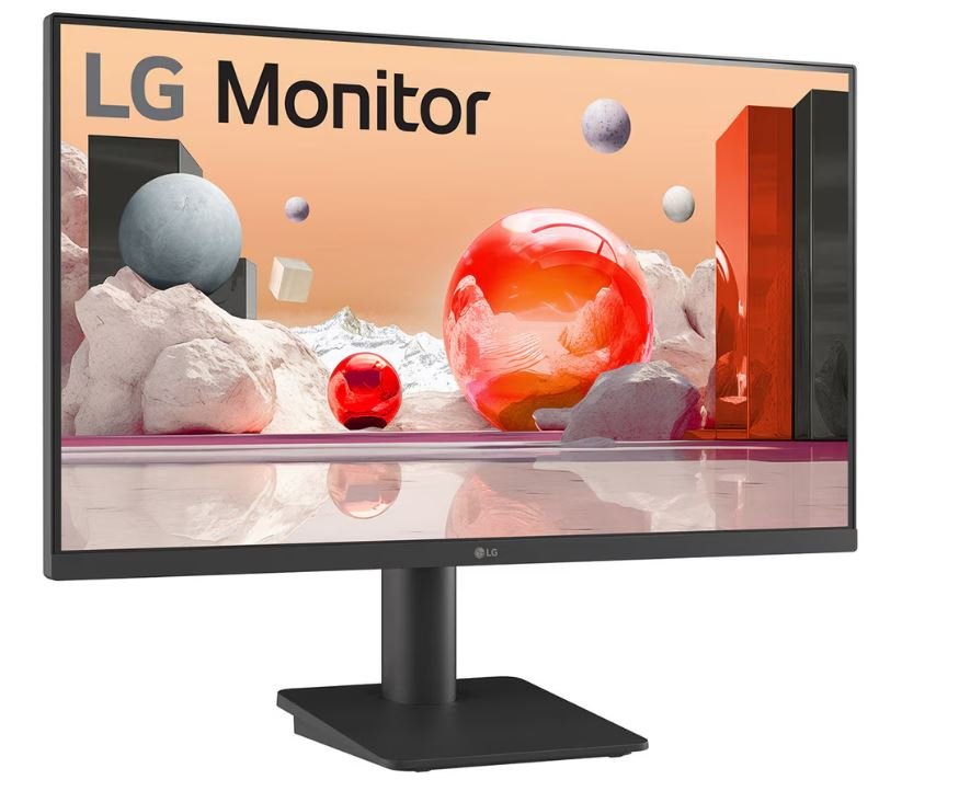 LG monitör, yansıtıcı bir yüzey üzerinde küreler ve küp ile soyut sanat sergiliyor. Monitör siyah bir stand üzerinde.