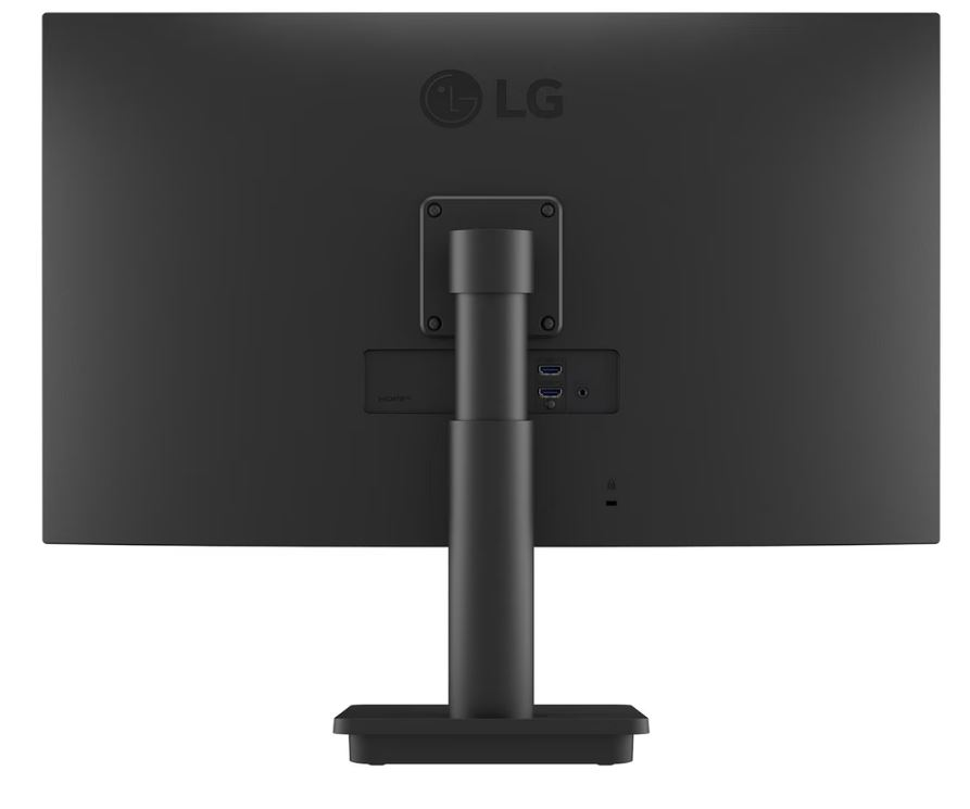 Siyah bir LG monitörün arkası. LG logosu, standı, bağlantı noktaları ve bağlantıları içerir. Tasarım minimalist ve moderndir.