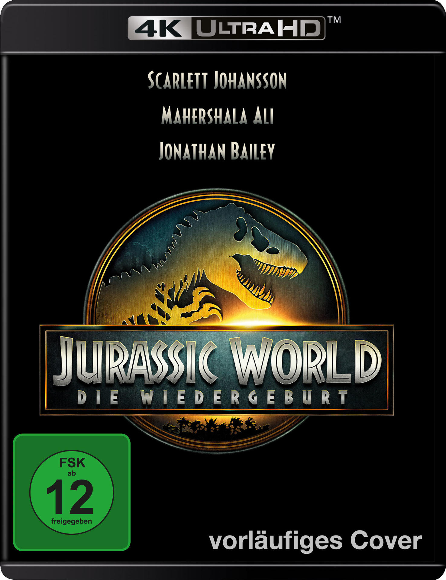 Filmcover für Jurassic World: Die Wiedergeburt. Enthält Schauspielernamen, eine Dinosaurier-Silhouette und eine Altersfreigabe ab 12. Schwarzer Hintergrund.