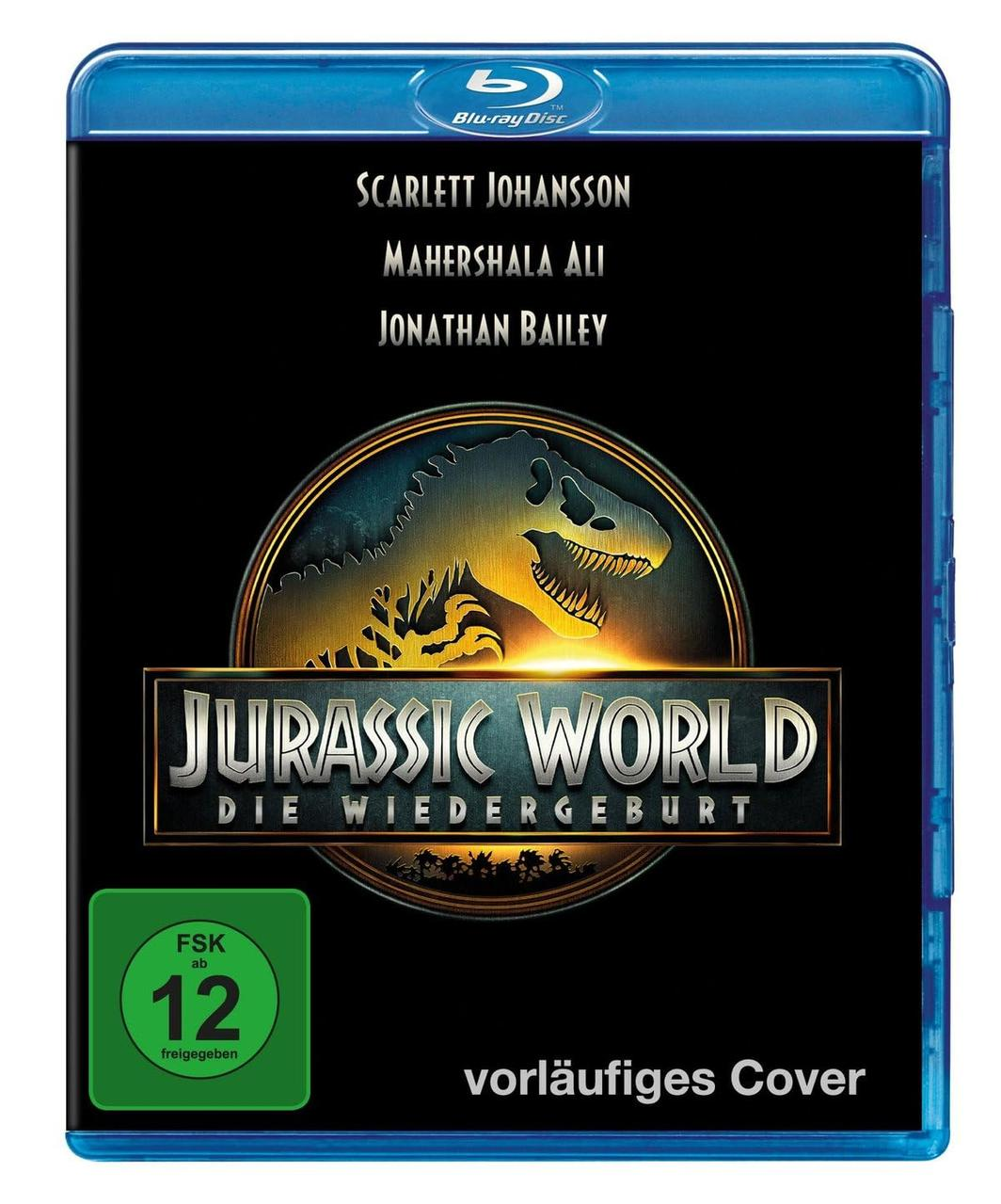 Blu-ray-Cover für Jurassic World mit Scarlett Johansson, Mahershala Ali und Jonathan Bailey. Enthält Filmtitel und Altersfreigabe.