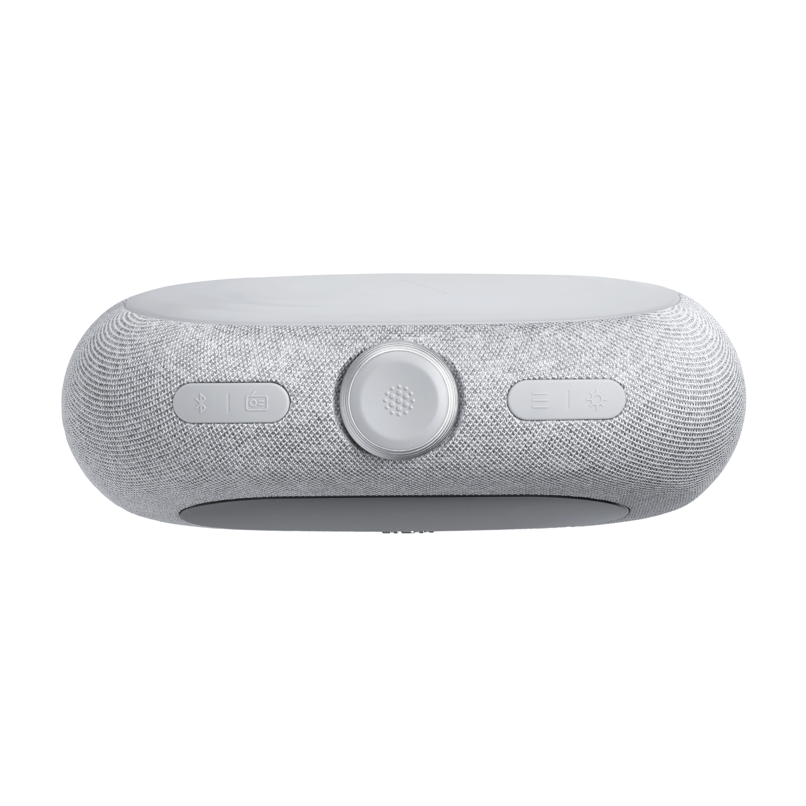 Kumaş dokusuna ve kontrol düğmelerine sahip açık gri bir hoparlör. Düğmeler arasında Bluetooth, radyo, merkezi bir kontrol ve ses bulunur.