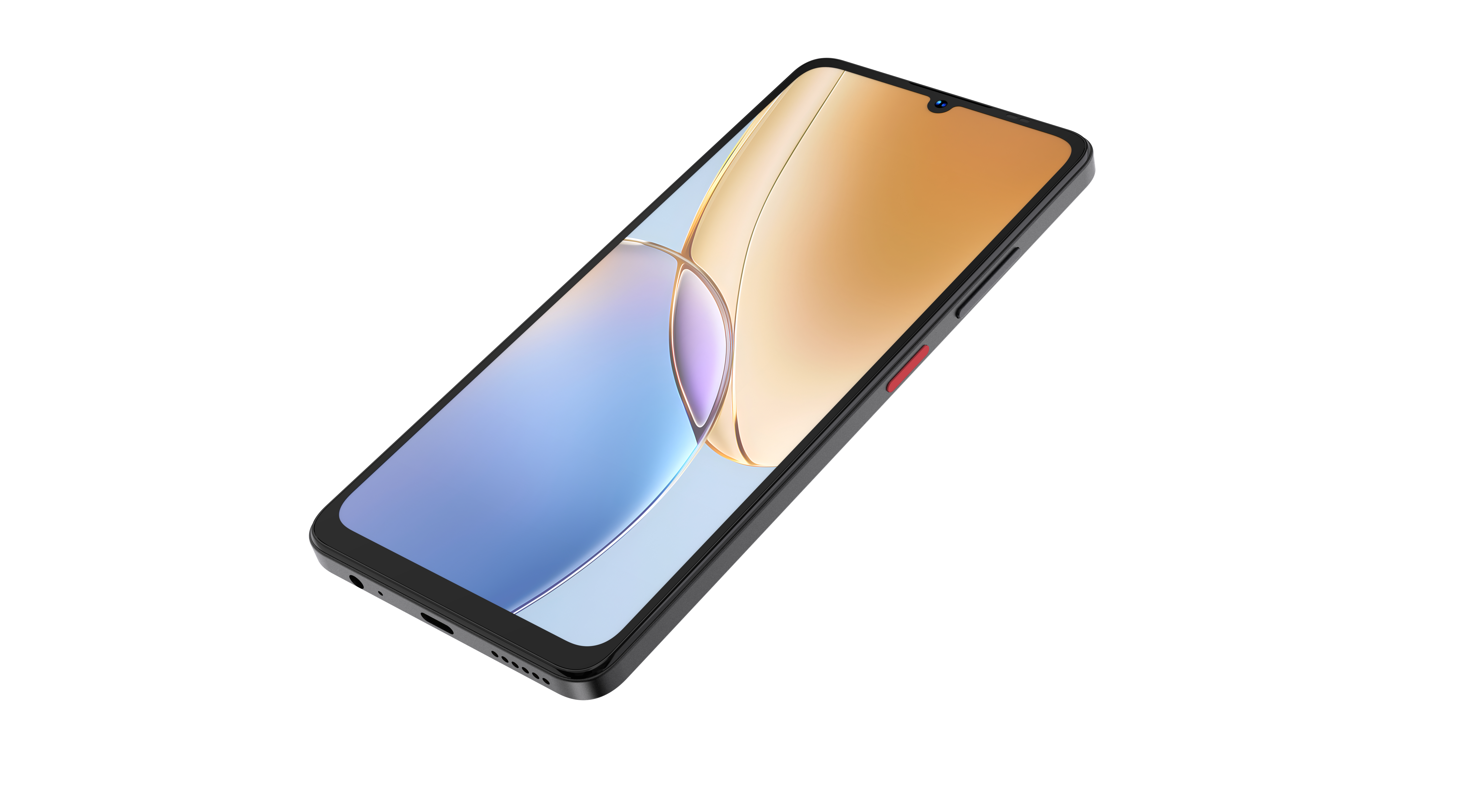 Ein schwarzes Smartphone wird diagonal gezeigt, mit einem bunten Bildschirm, der abstrakte Formen zeigt, vor weißem Hintergrund.