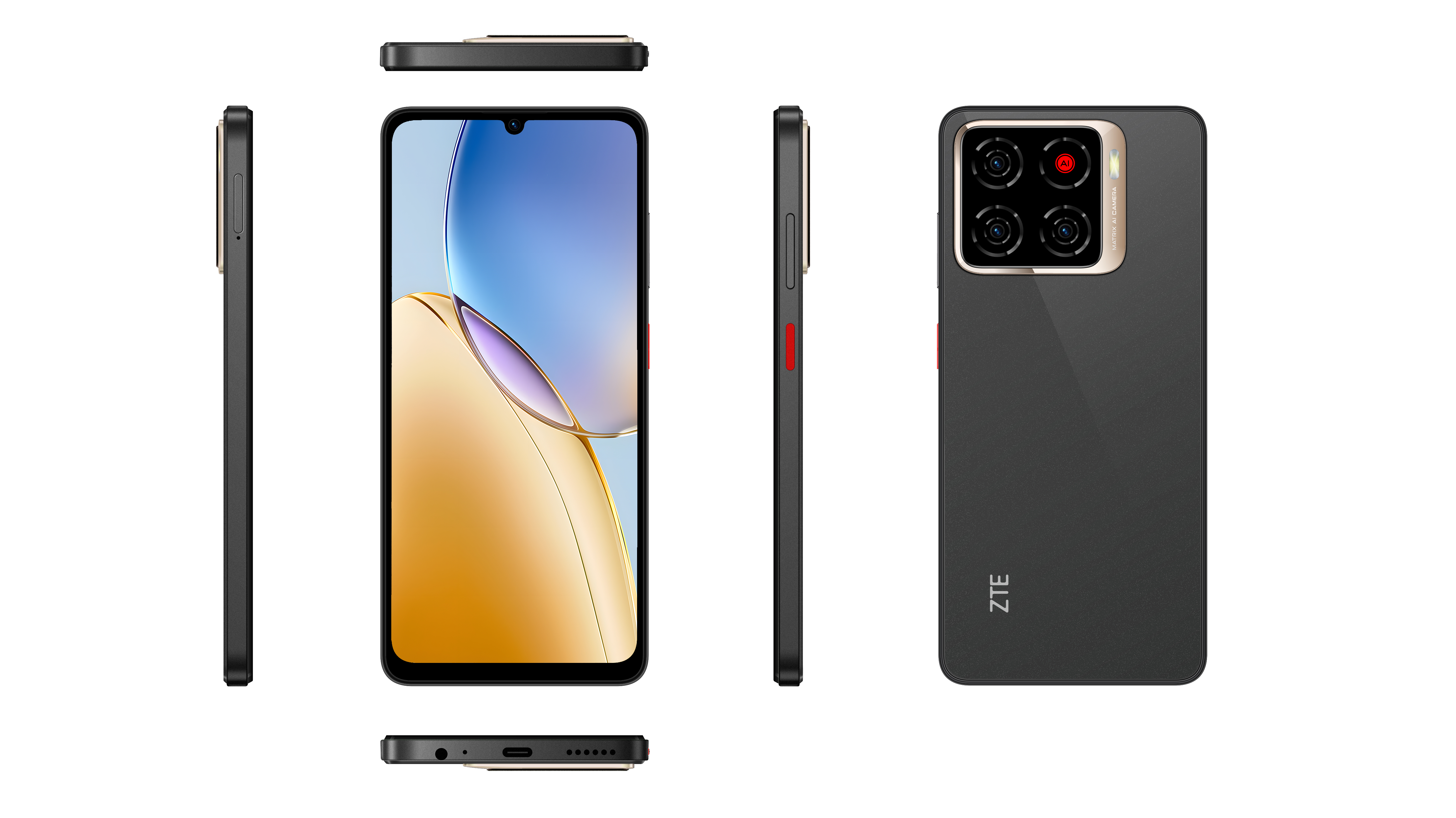Ein schwarzes ZTE-Smartphone wird aus mehreren Blickwinkeln gezeigt: vorne, hinten, Seiten, oben und unten. Es hat mehrere Kameras und einen Bildschirm.