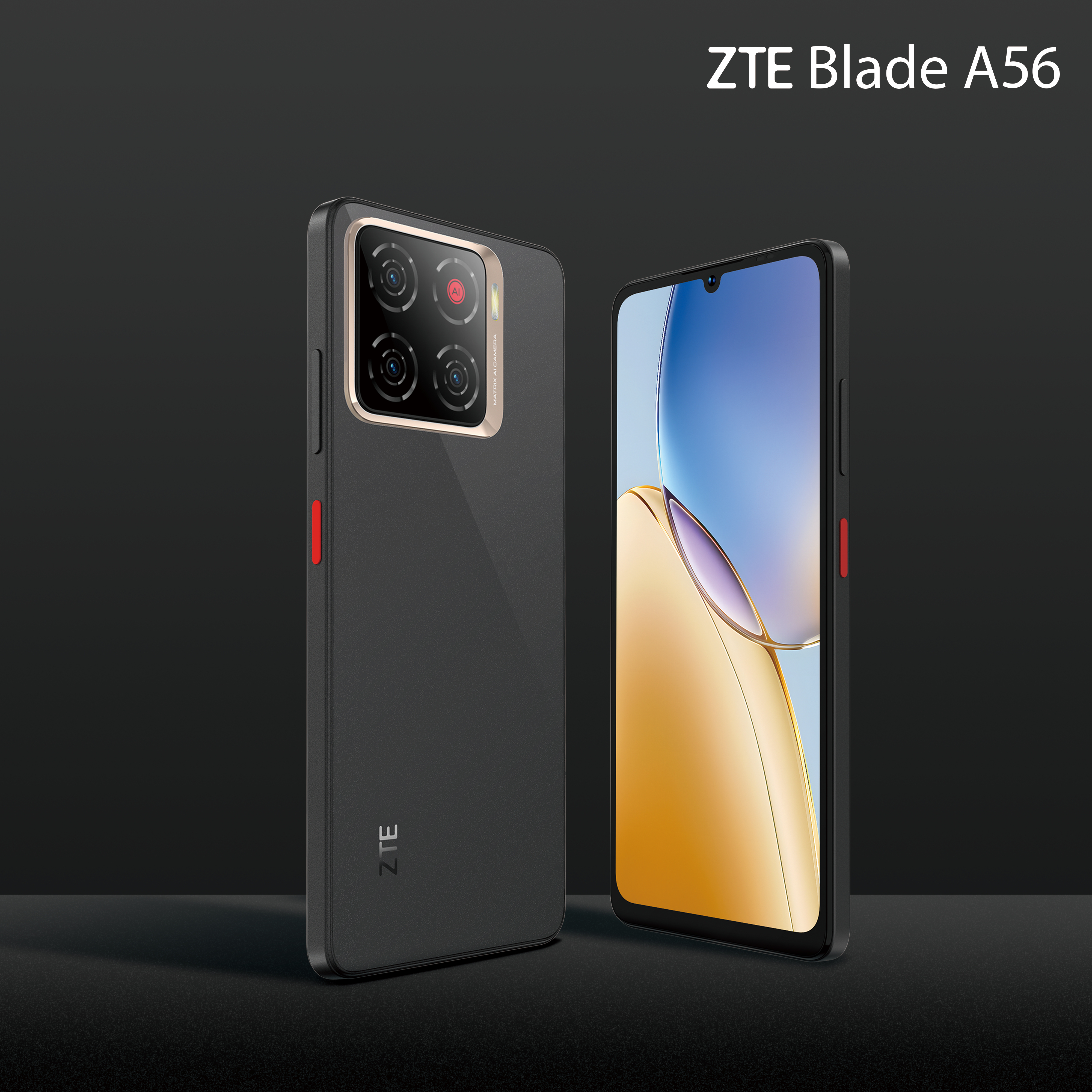 ZTE Blade A56 Smartphones, schwarz mit roten Akzenten. Eines zeigt die Rückseite mit Kameras, das andere den Bildschirm.