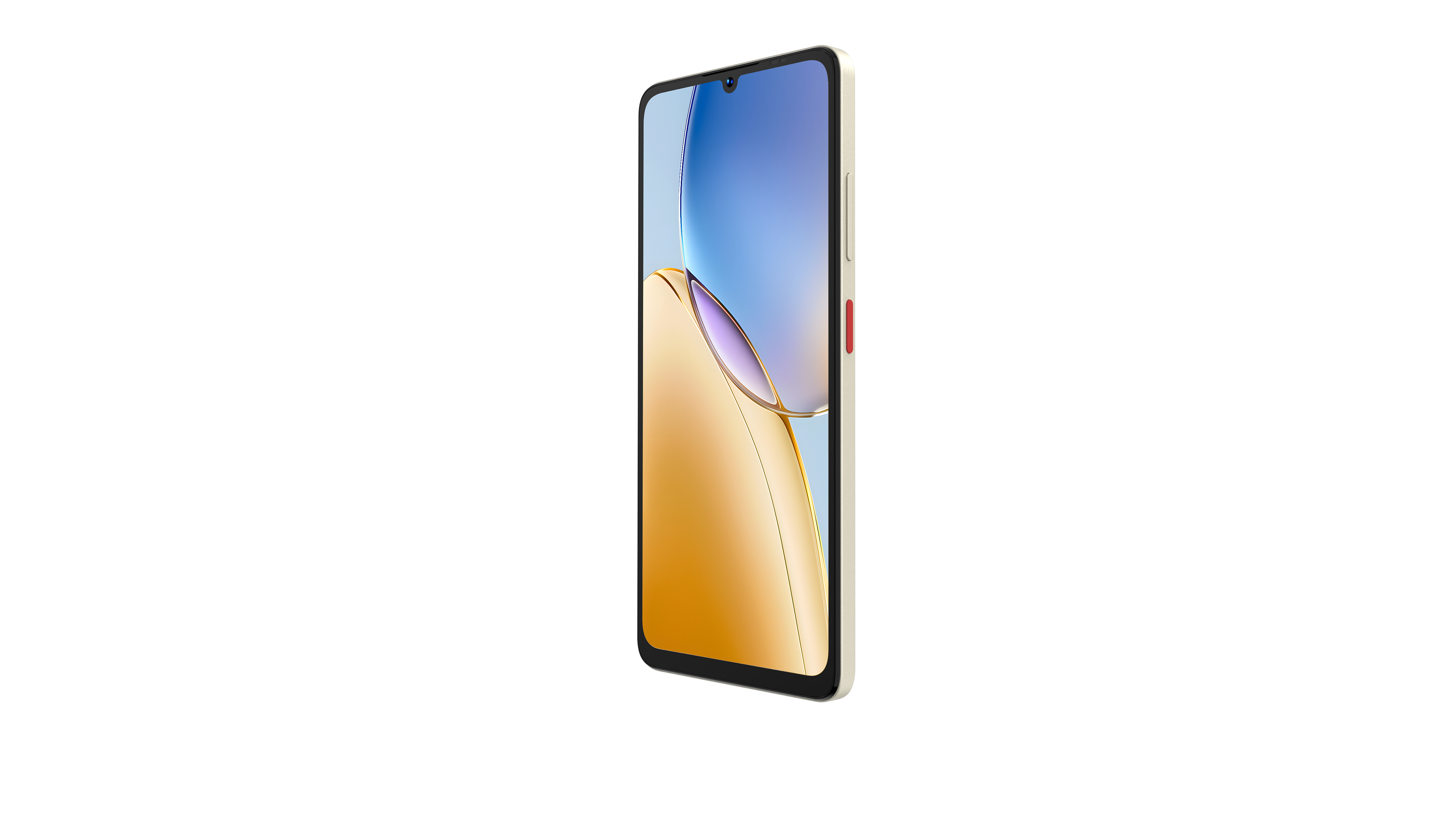 Ein Smartphone wird im Winkel gezeigt. Der Bildschirm zeigt ein farbenfrohes Bild. Das Telefon hat einen cremefarbenen Rahmen mit roter Taste.