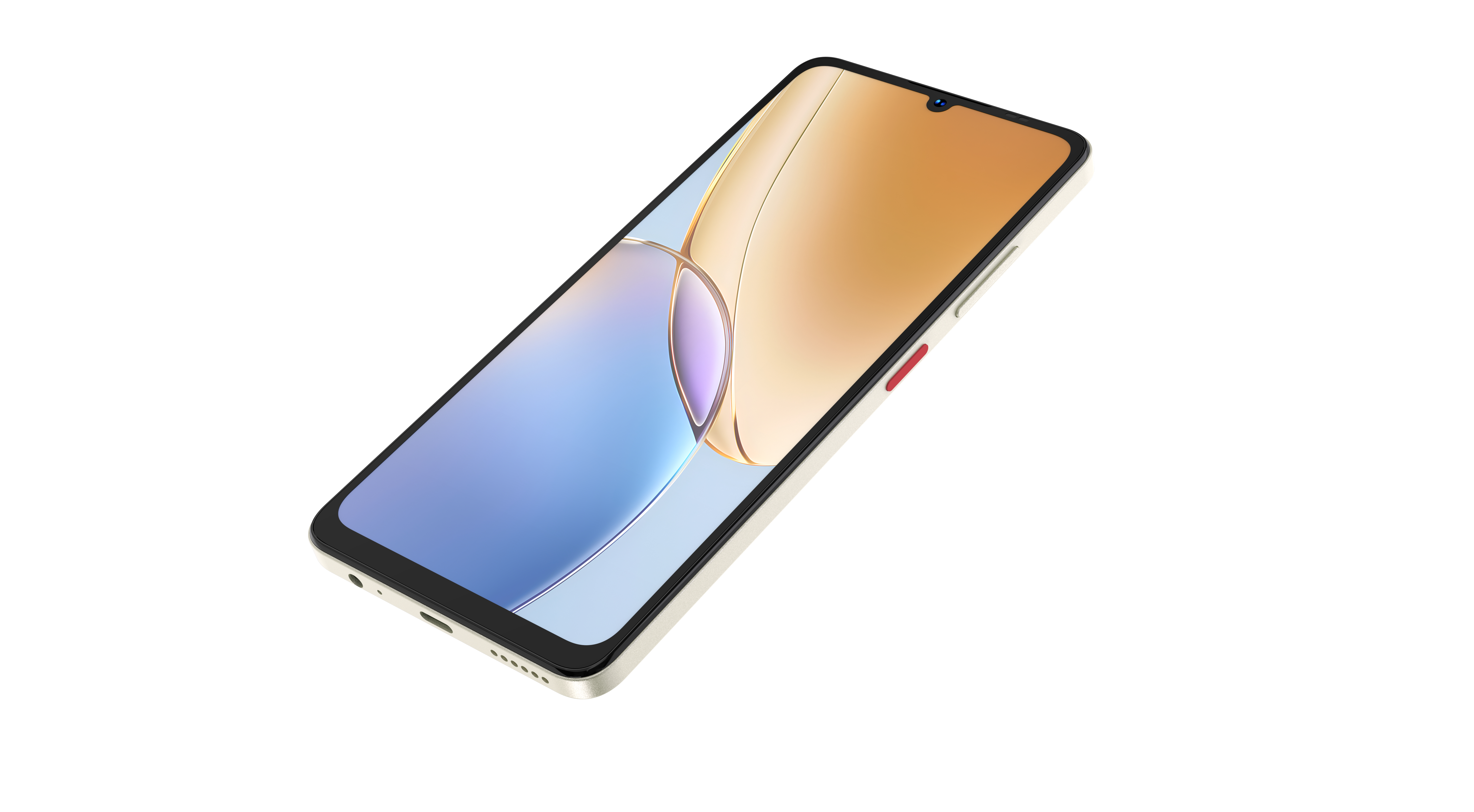 Ein Smartphone auf weißem Grund, leicht angewinkelt. Der Bildschirm zeigt ein abstraktes Design mit Blau- und Goldtönen.