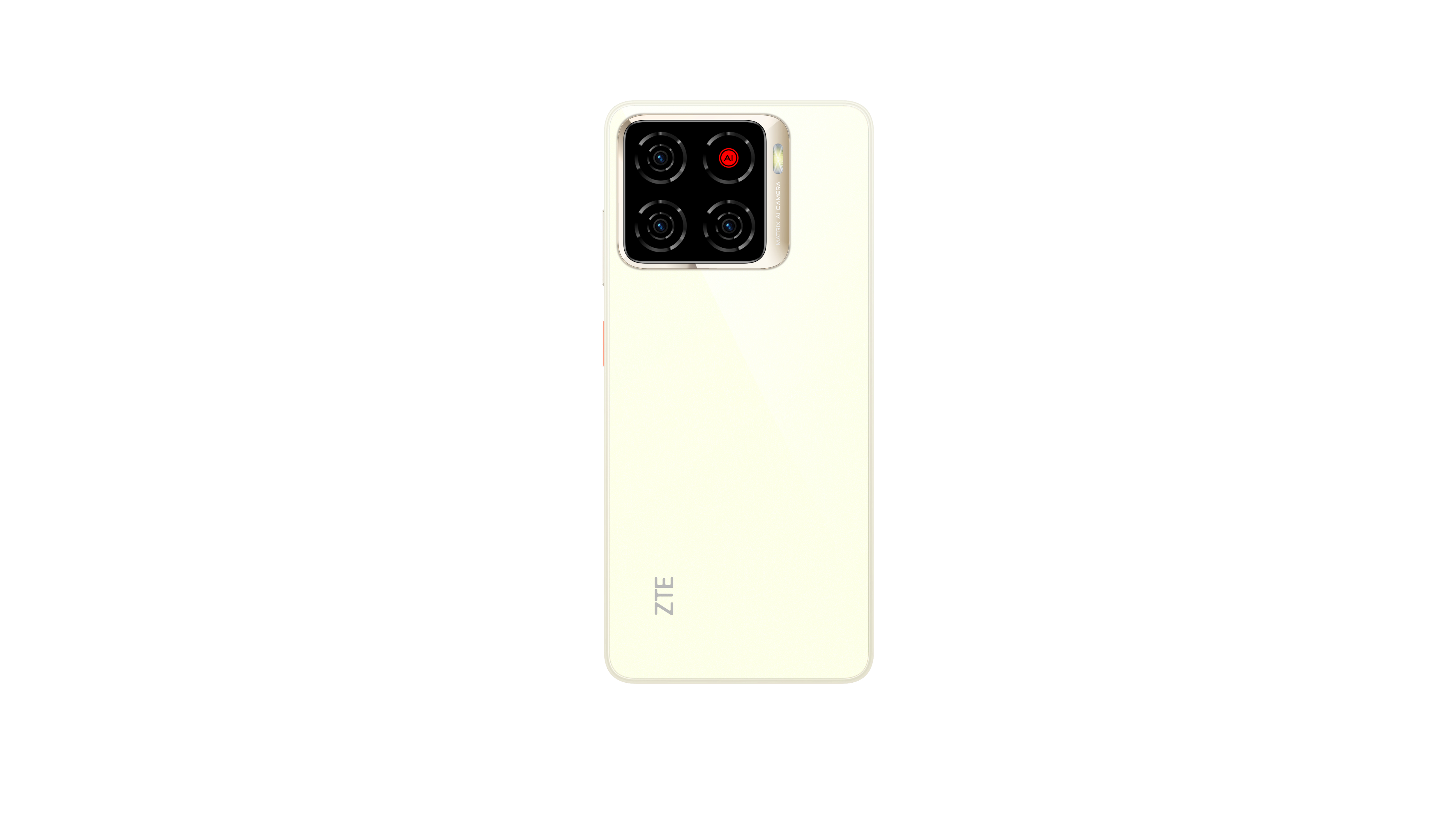 Rückseite eines cremefarbenen ZTE-Smartphones mit vier Kameras. ZTE-Logo unten. Der Hintergrund ist weiß.