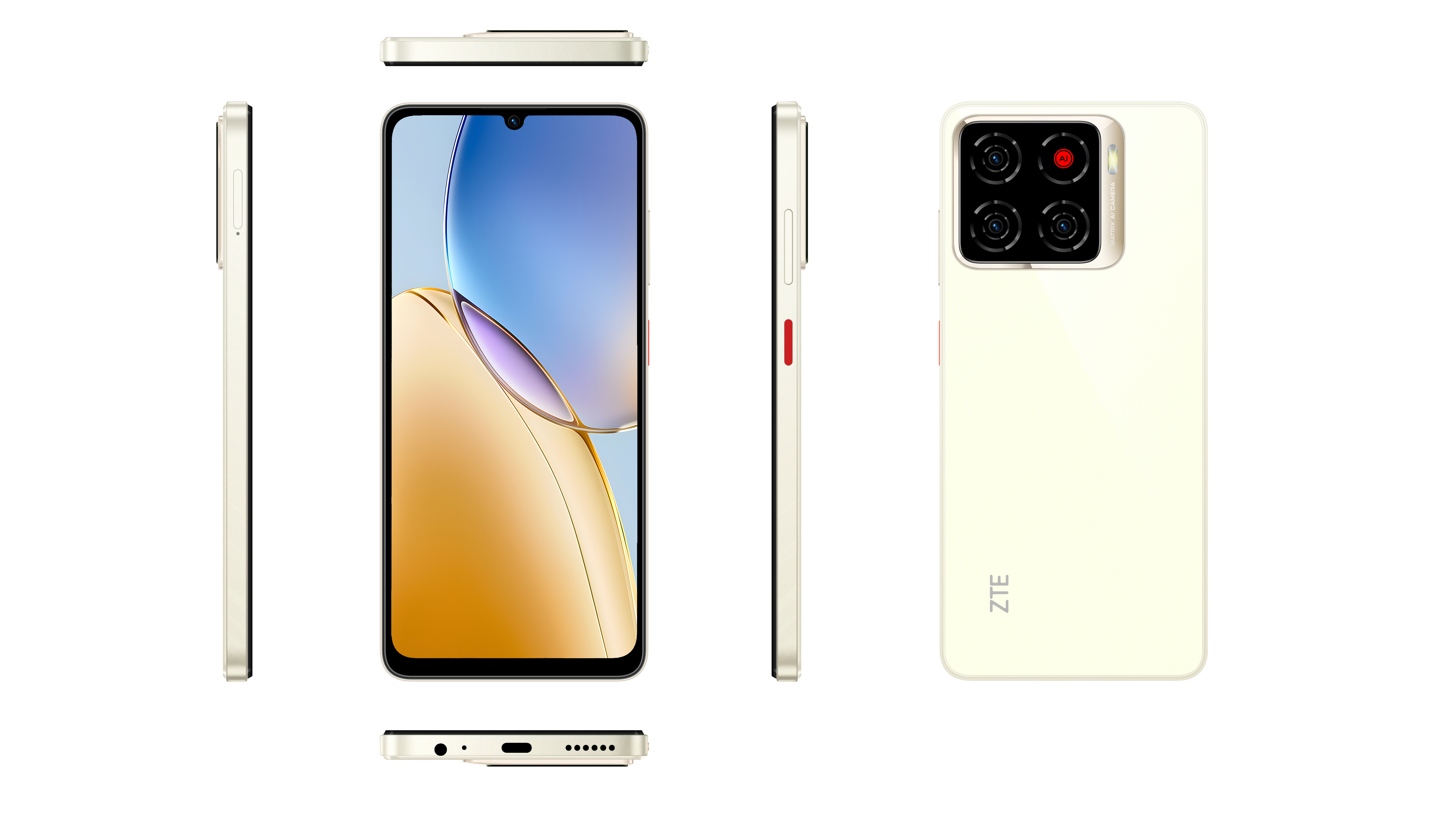Ein Smartphone mit cremefarbenem Gehäuse. Es hat einen Bildschirm, Seitentasten und eine Kameraanordnung. ZTE-Logo sichtbar.