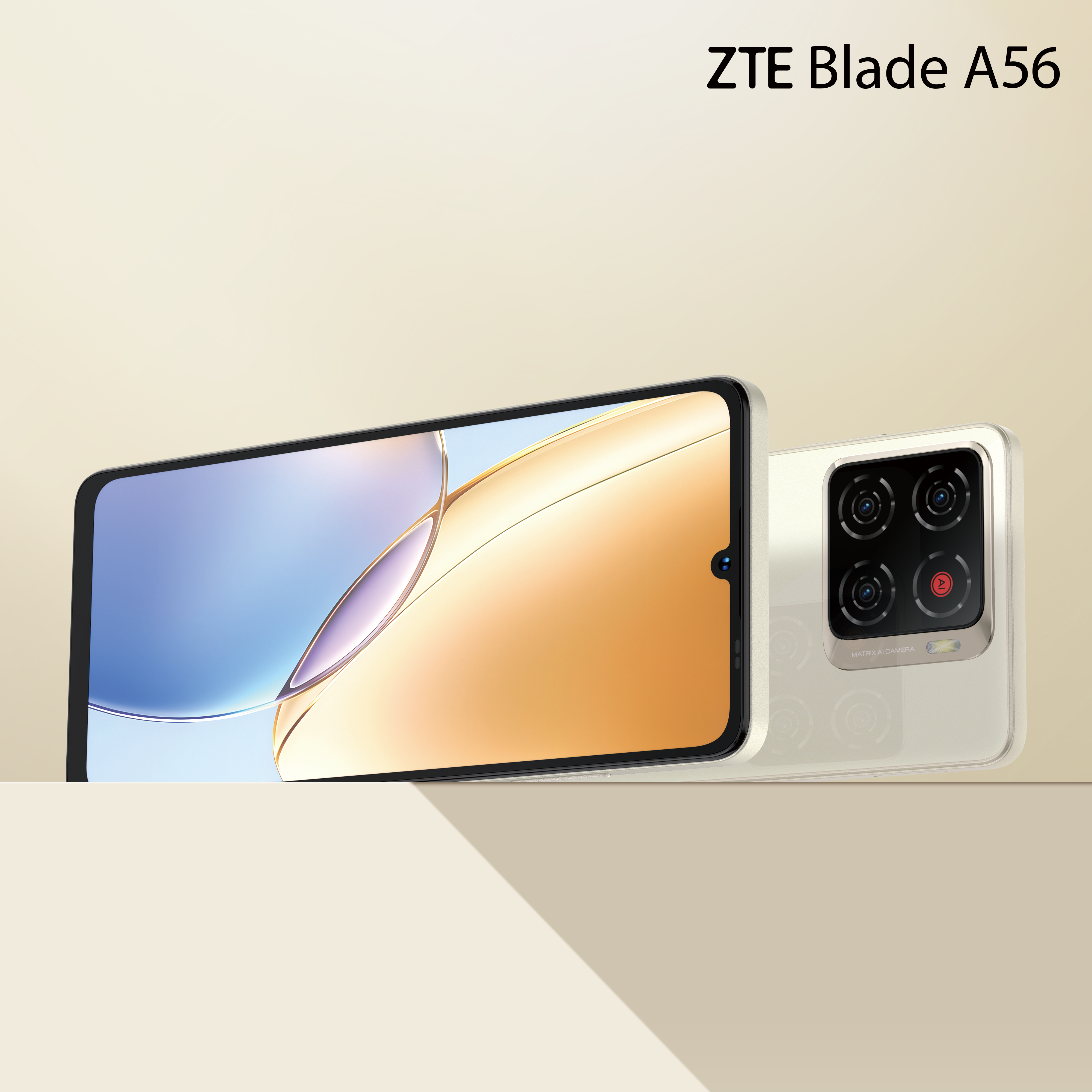 ZTE Blade A56 Telefon. Vorderseite zeigt Bildschirm mit blauem/goldenem Farbverlauf. Rückseite hat Kamera-Array. Beiger Hintergrund.