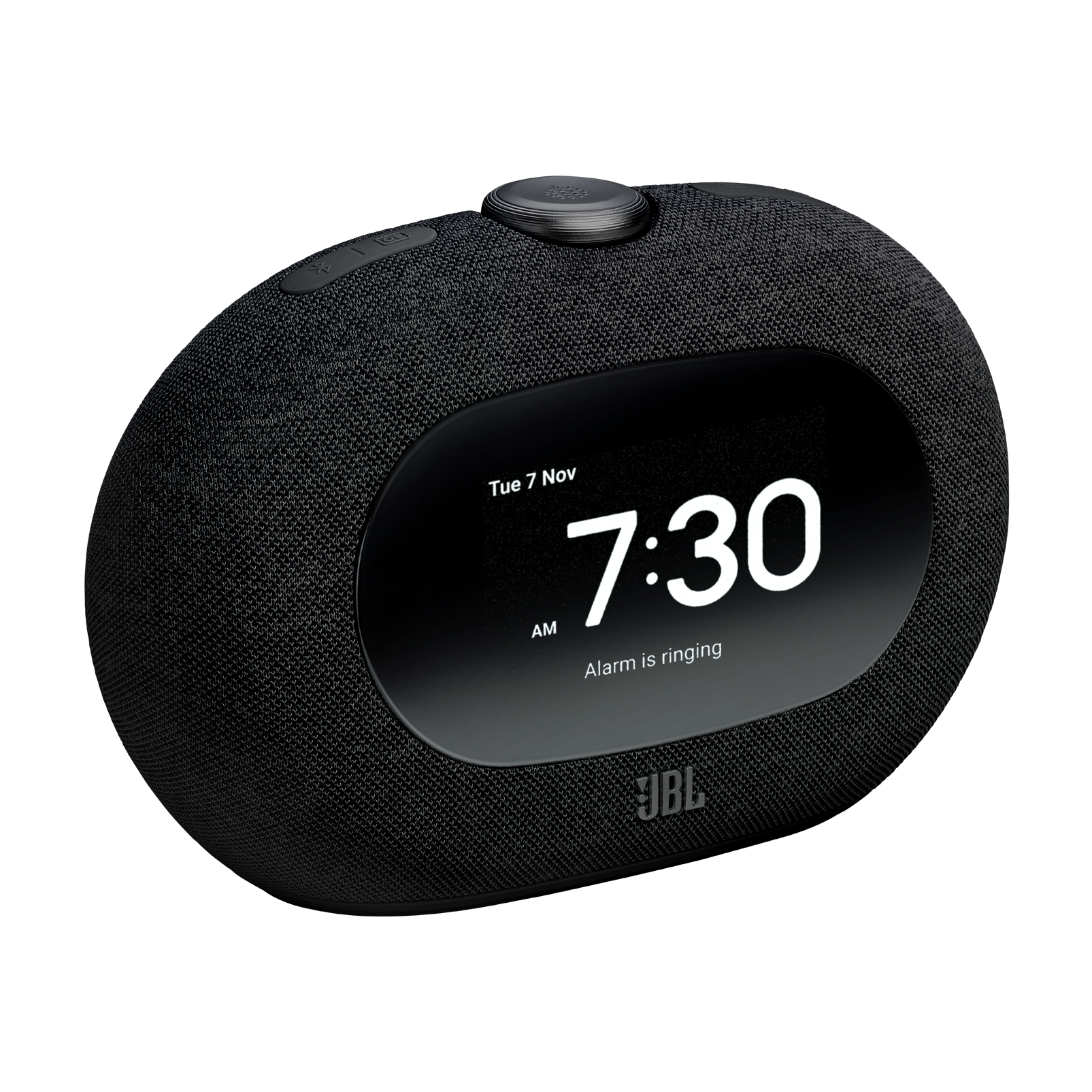 Siyah JBL çalar saat. Ekran 7:30 AM, tarihi ve "Alarm çalıyor" gösteriyor. Üstte düğmeler var.