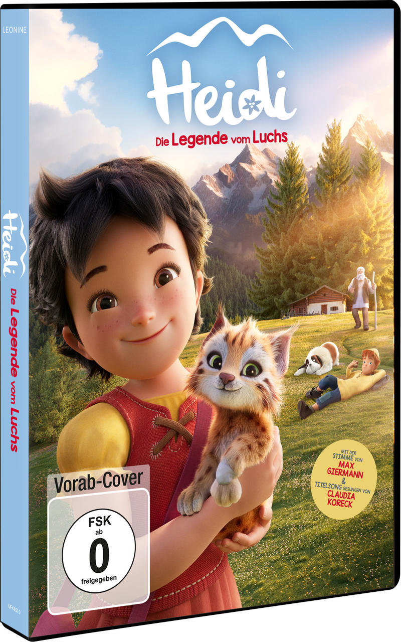Heidi, ein Cartoon-Mädchen, hält eine Katze auf einem DVD-Cover. Der Hintergrund zeigt eine Berglandschaft mit einem Haus und Personen.