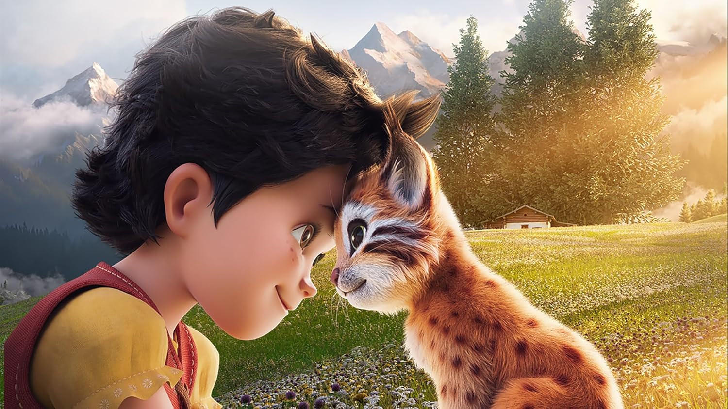 Ein Junge und ein Luchs berühren sich mit den Stirnen und lächeln. Berge und Bäume im Hintergrund.