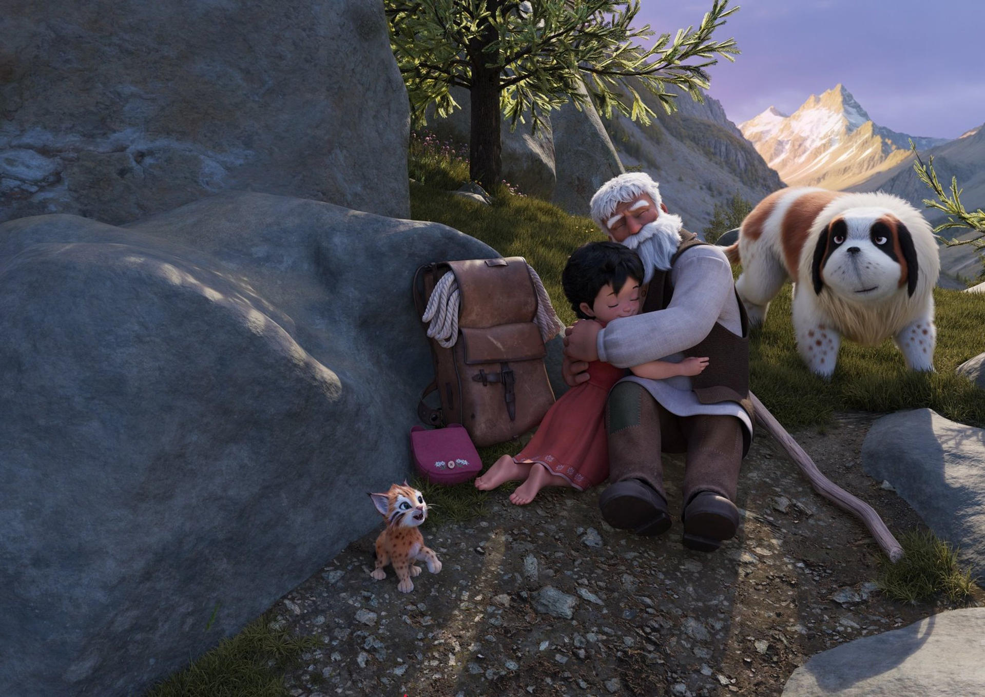 Ein älterer Mann umarmt ein Kind; ein Hund und eine kleine Katze sind neben ihnen. Berge und ein Baum bilden den Hintergrund.