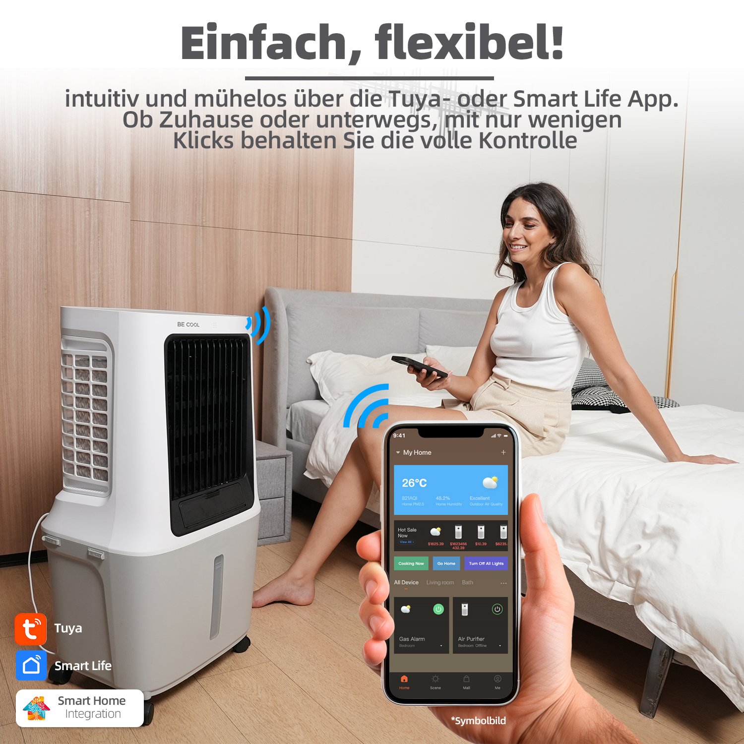 Eine Frau steuert Smart-Home-Geräte mit einem Smartphone. Links ist ein Kühler zu sehen. Text: Einfach, flexibel!