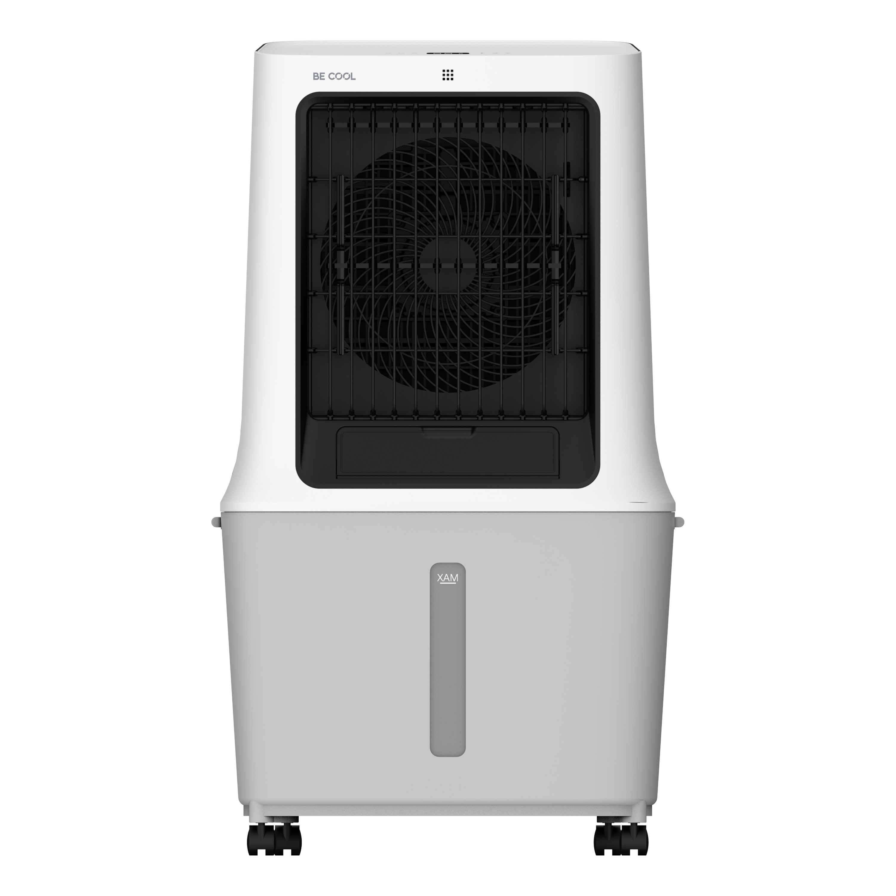 Ein weiß-graues Luftkühlgerät. Es hat eine schwarze Lüftung und einen Ventilator. Die Worte 'BE COOL' sind sichtbar.