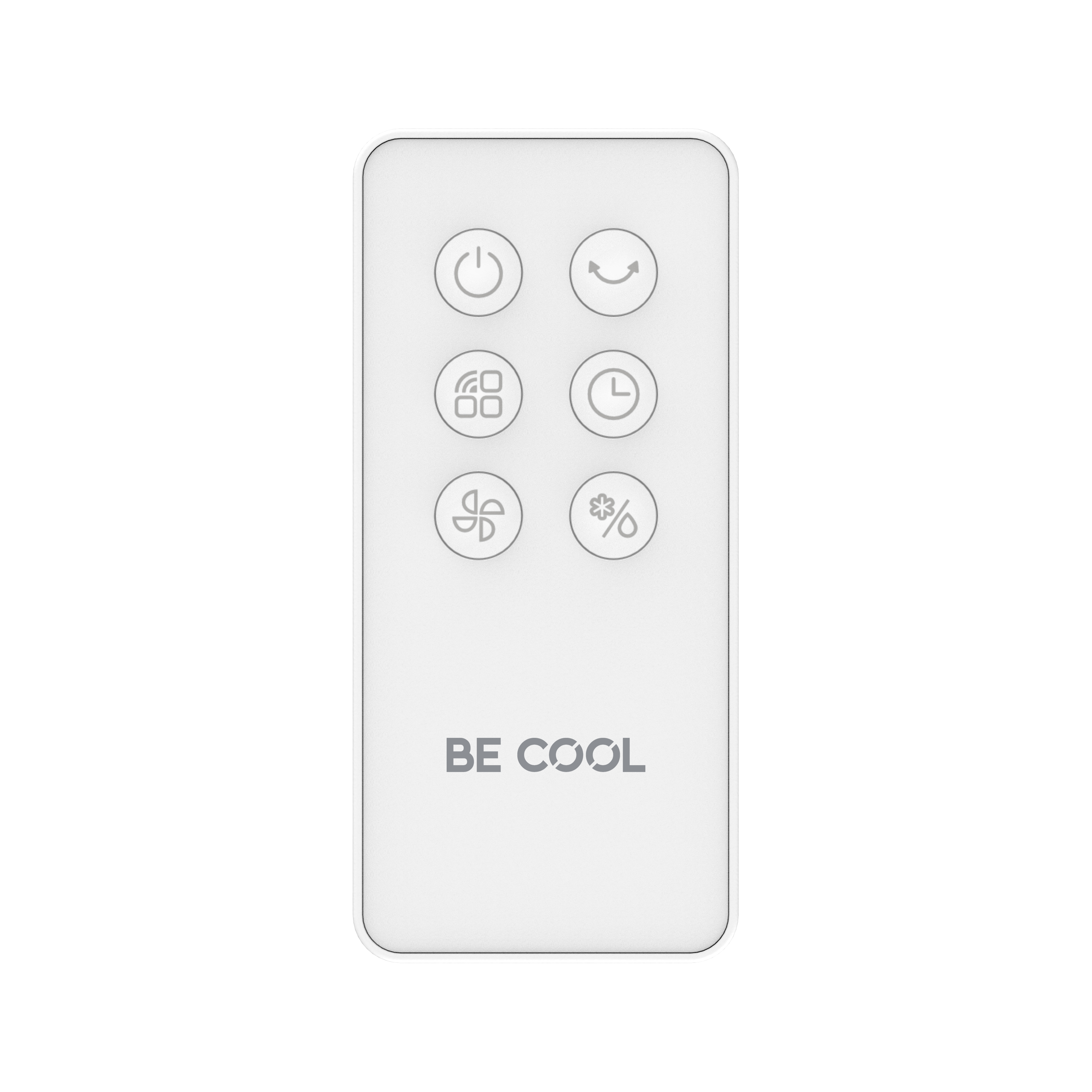 Weiße Fernbedienung mit Symbolen. Ein/Aus, Lüfter, Modus, Timer, Ventilator und Luftfeuchtigkeit sind sichtbar. Text 'BE COOL'.