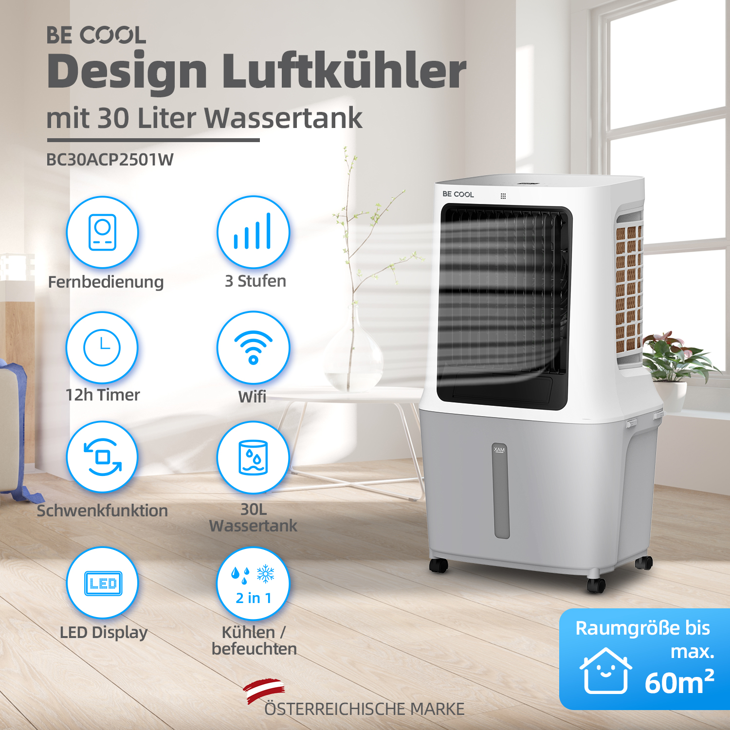 Ein weiß-grauer Luftkühler mit Funktionssymbolen. Er hat einen 30-Liter-Wassertank und ein LED-Display. Der Hintergrund ist ein Raum.