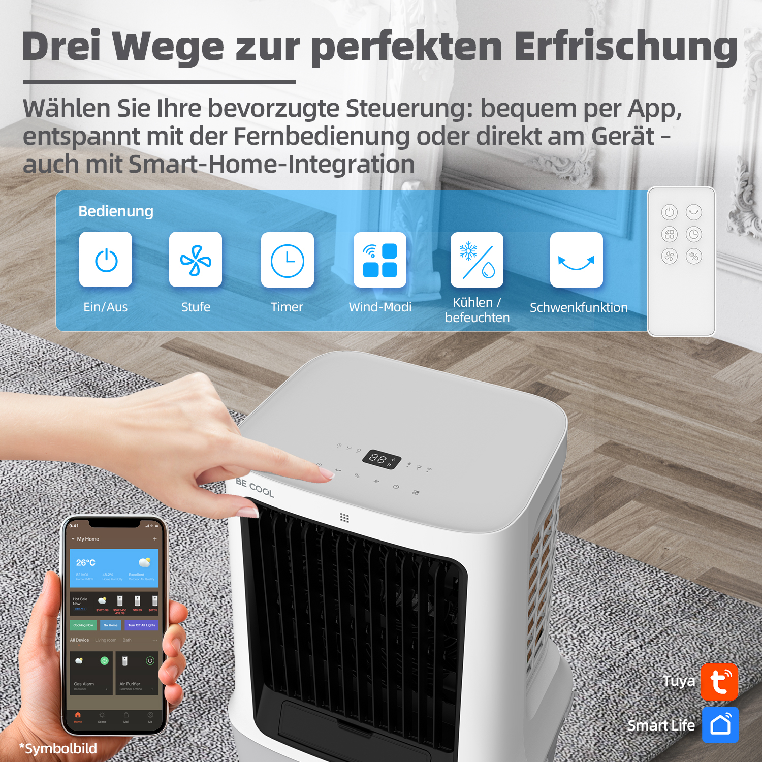 Weißer Luftkühler mit Smartphone-App, Fernbedienung und Steuertasten. Text beschreibt Steuerungsmethoden.