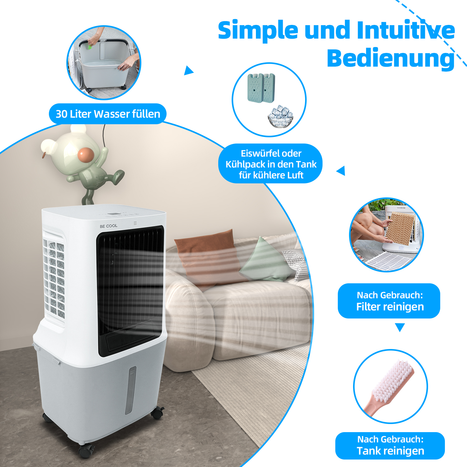 Ein weiß-grauer Luftkühler mit Anweisungen. Es zeigt das Befüllen mit Wasser, Eispackungen, Reinigen von Filter und Tank.