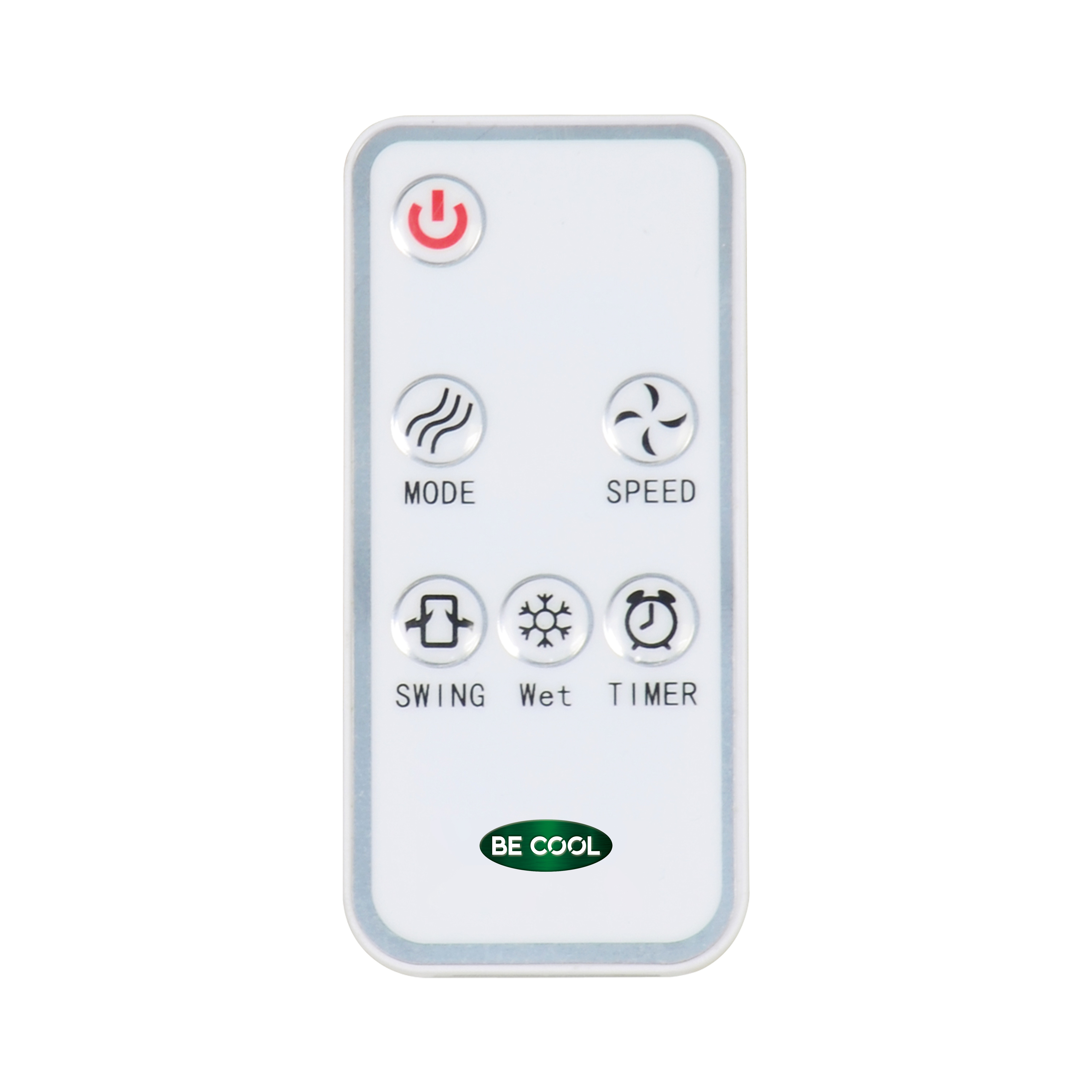Eine weiße Fernbedienung mit Tasten für Ein/Aus, Modus, Geschwindigkeit, Schwingen, Nass und Timer, mit 'BE COOL' Logo.
