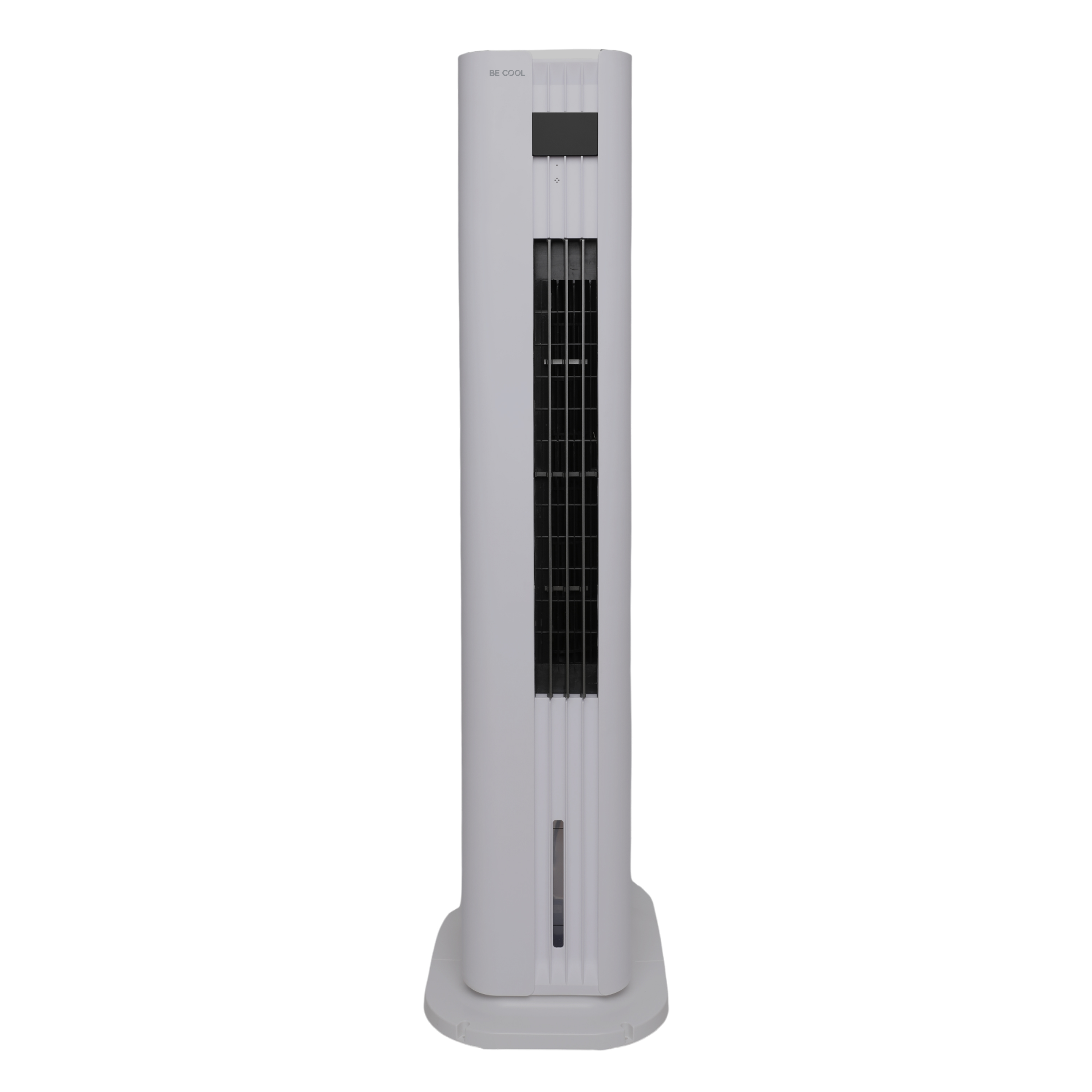 Ein weißer Turmventilator mit schwarzem Gitter steht vor weißem Hintergrund. Der Ventilator hat ein digitales Display und den Text 'BE COOL'.