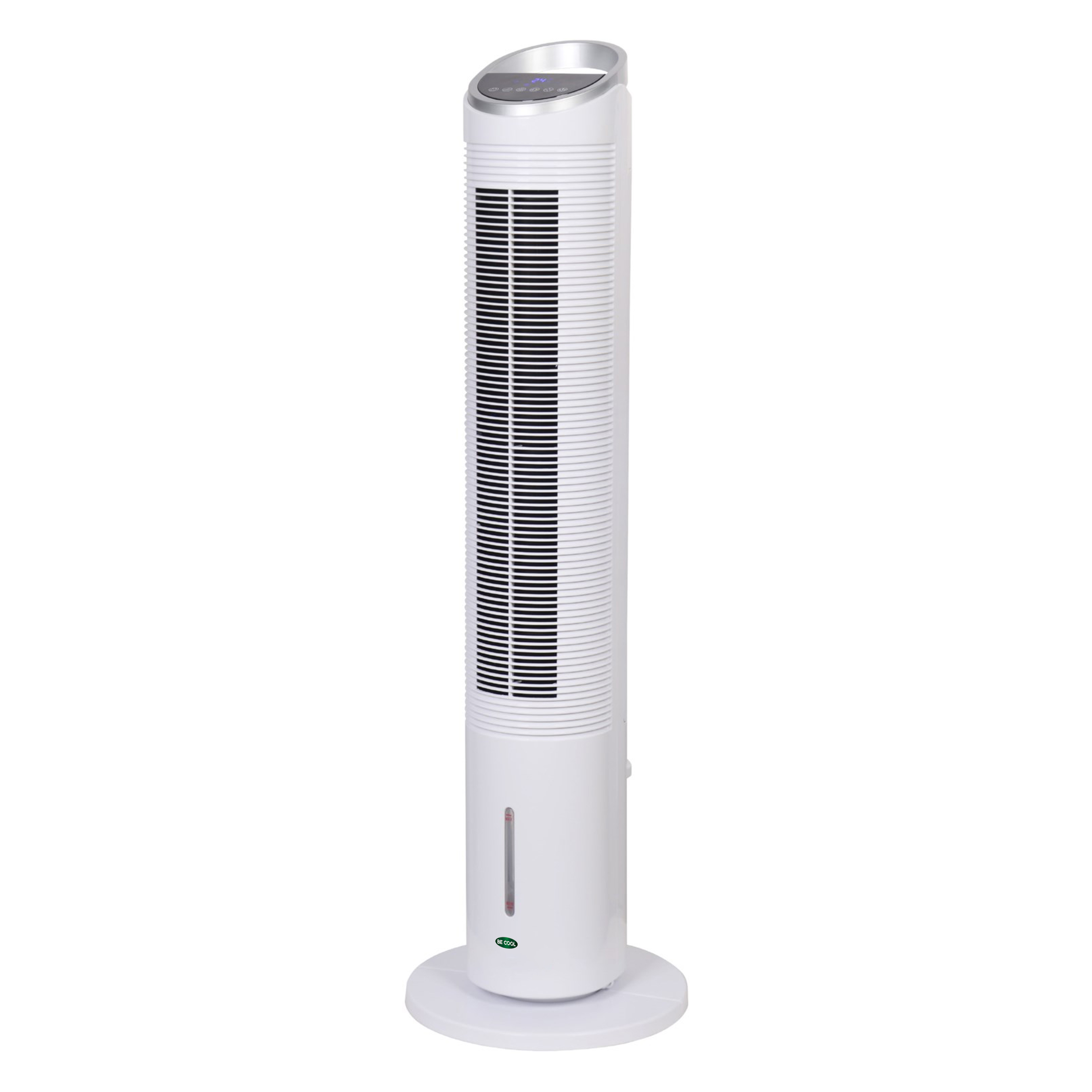 Ein weißer Turmventilator steht auf einem weißen Sockel. Er hat ein digitales Display oben. Schwarze Lüftungsschlitze bedecken die Vorderseite.