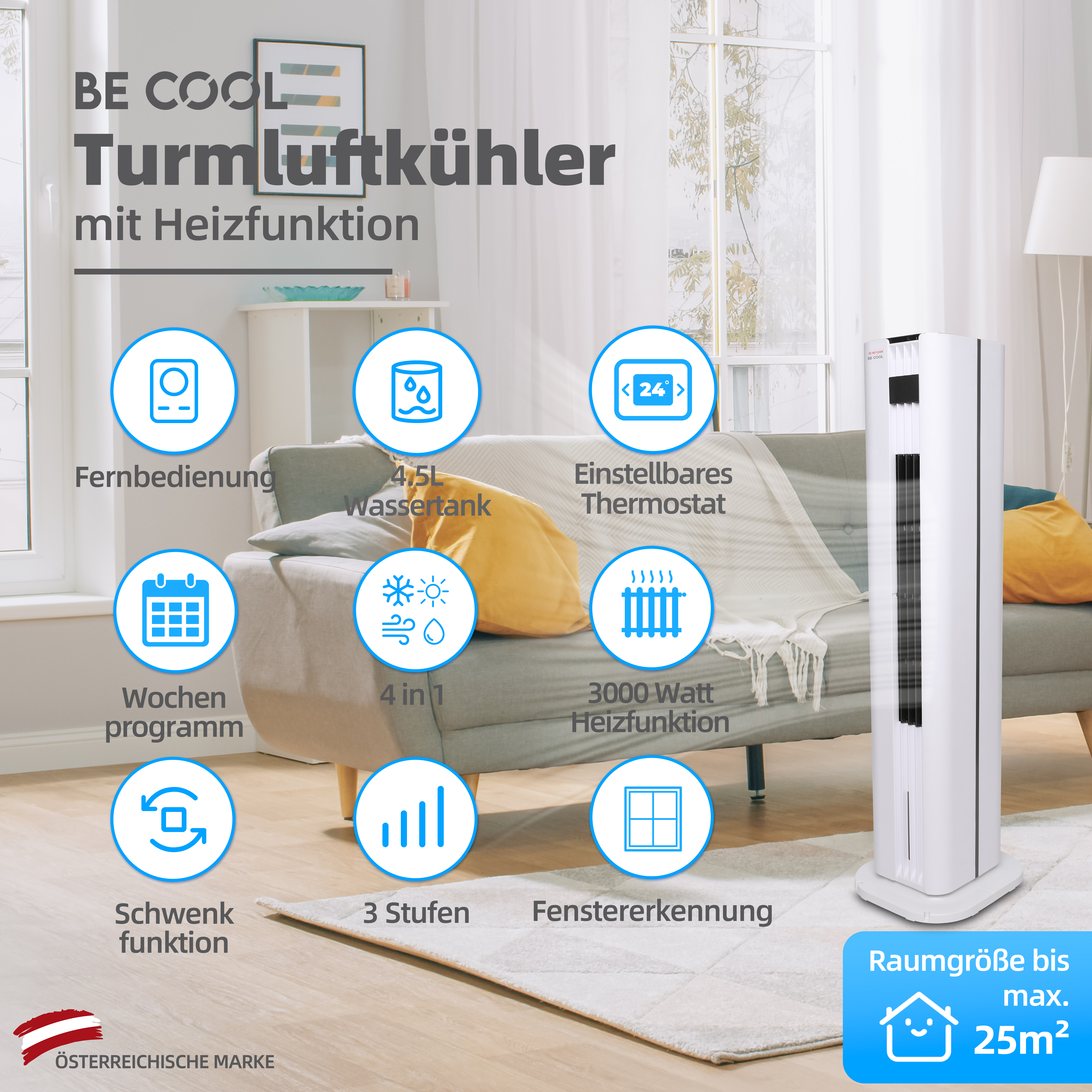 Ein weißer Turmkühler mit deutschem Text. Zu den Merkmalen gehören Fernbedienung, Thermostat und Heizung.