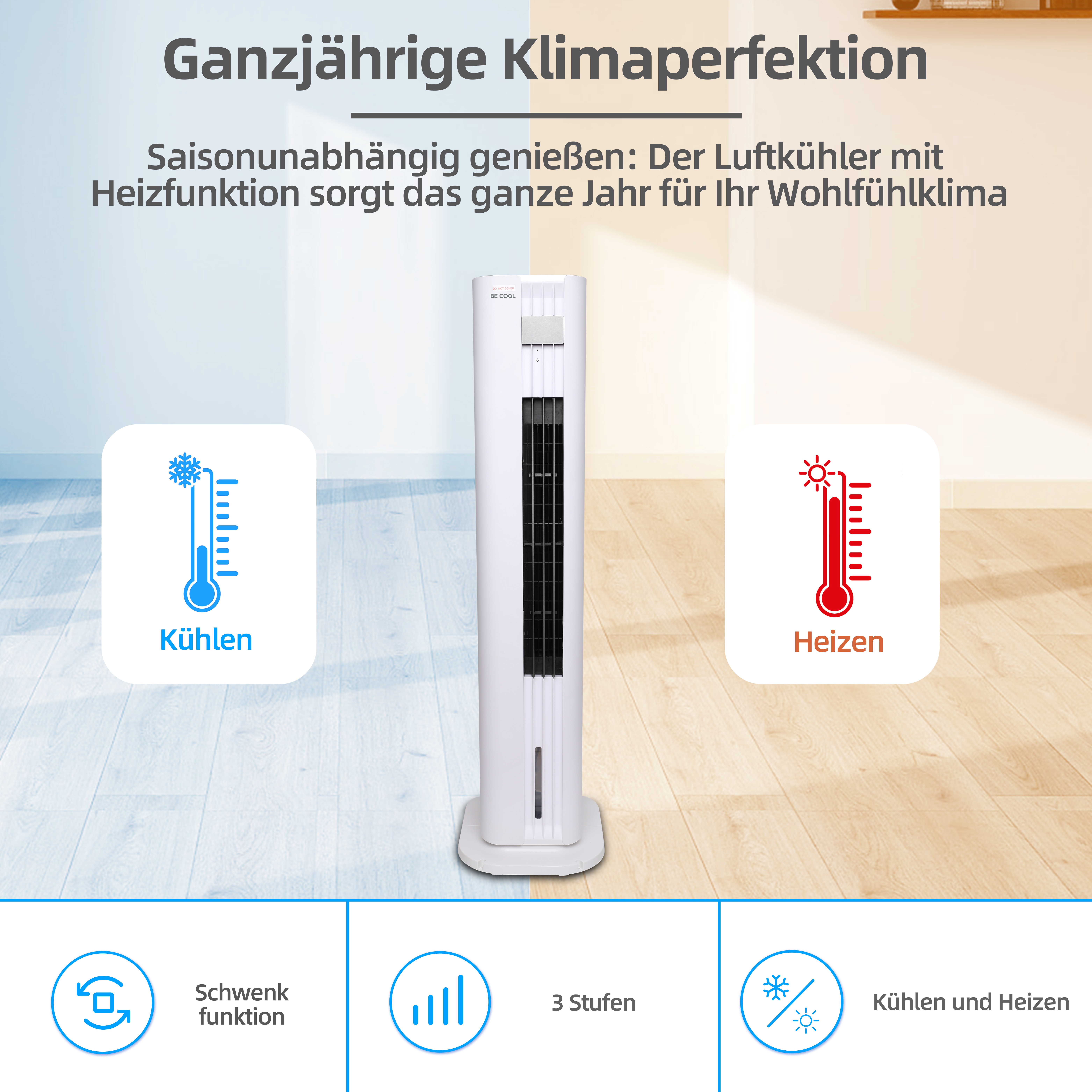 Werbung für einen weißen Luftkühler mit Kühl- und Heizfunktion. Das Bild zeigt den Kühler und zugehörige Symbole.
