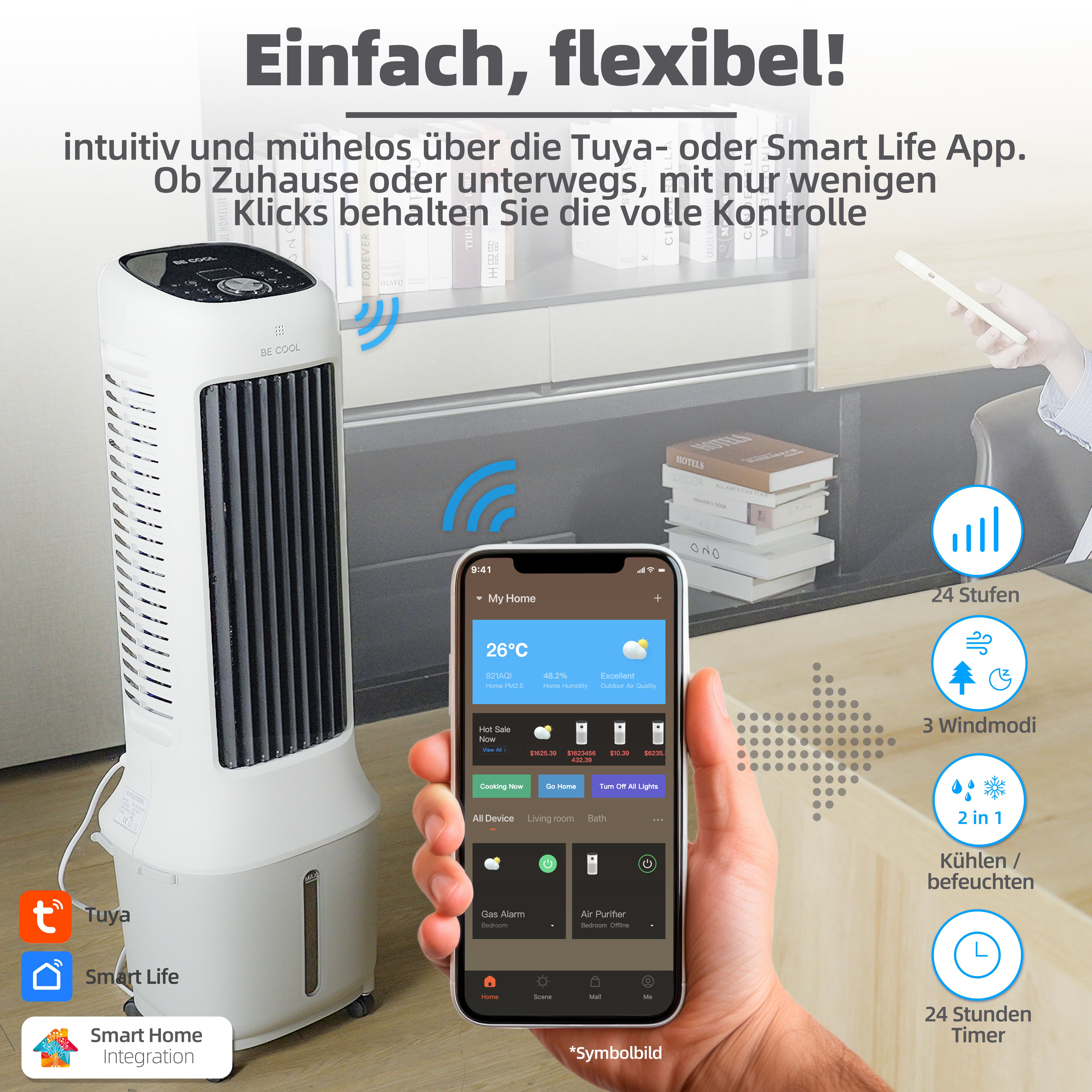 Weißer Luftkühler, gesteuert über eine Telefon-App, mit Text und Symbolen. Hand einer Frau, die ein Telefon hält.