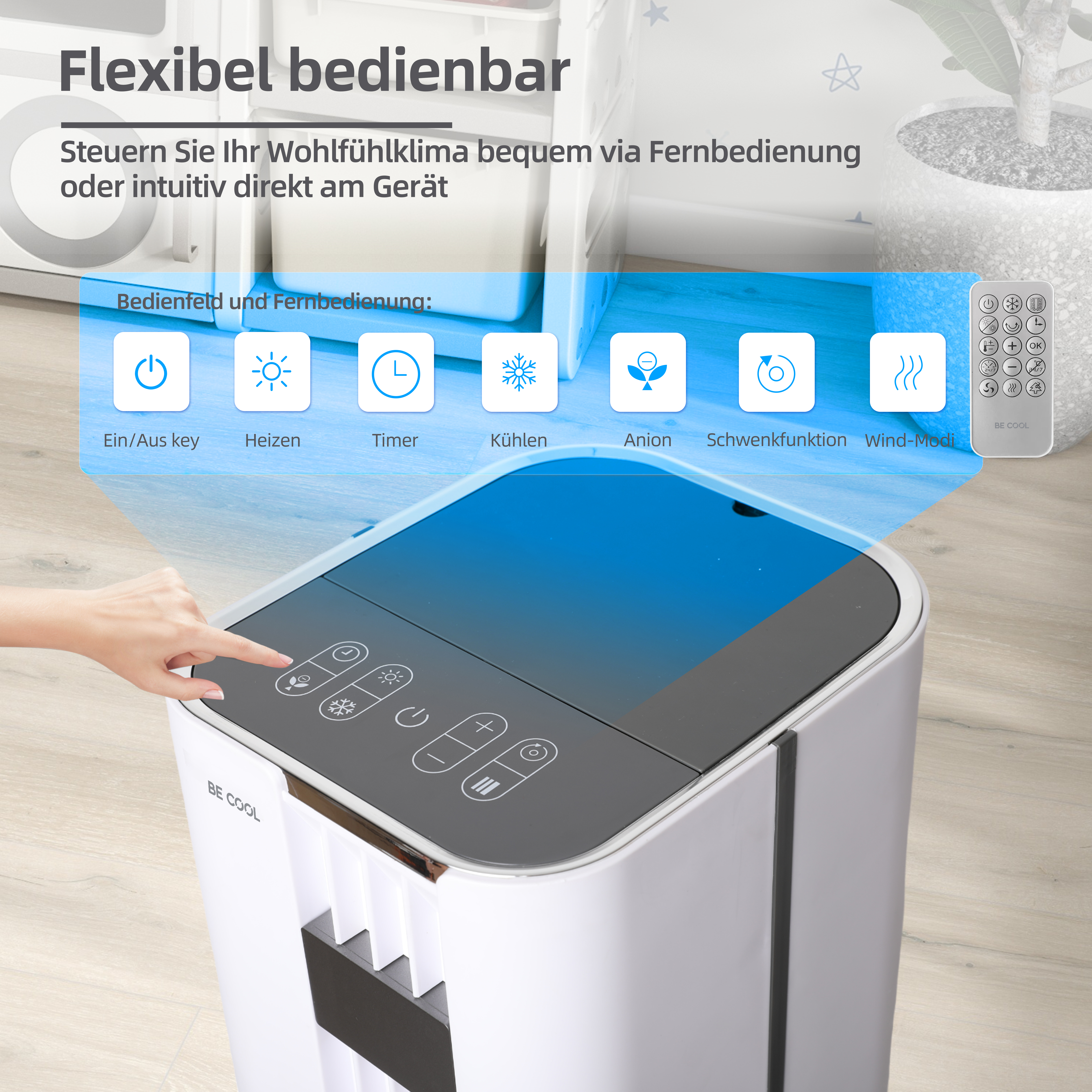 Eine Hand drückt eine Taste auf einem weißen Gerät. Symbole für verschiedene Funktionen werden angezeigt. Eine Fernbedienung ist rechts.